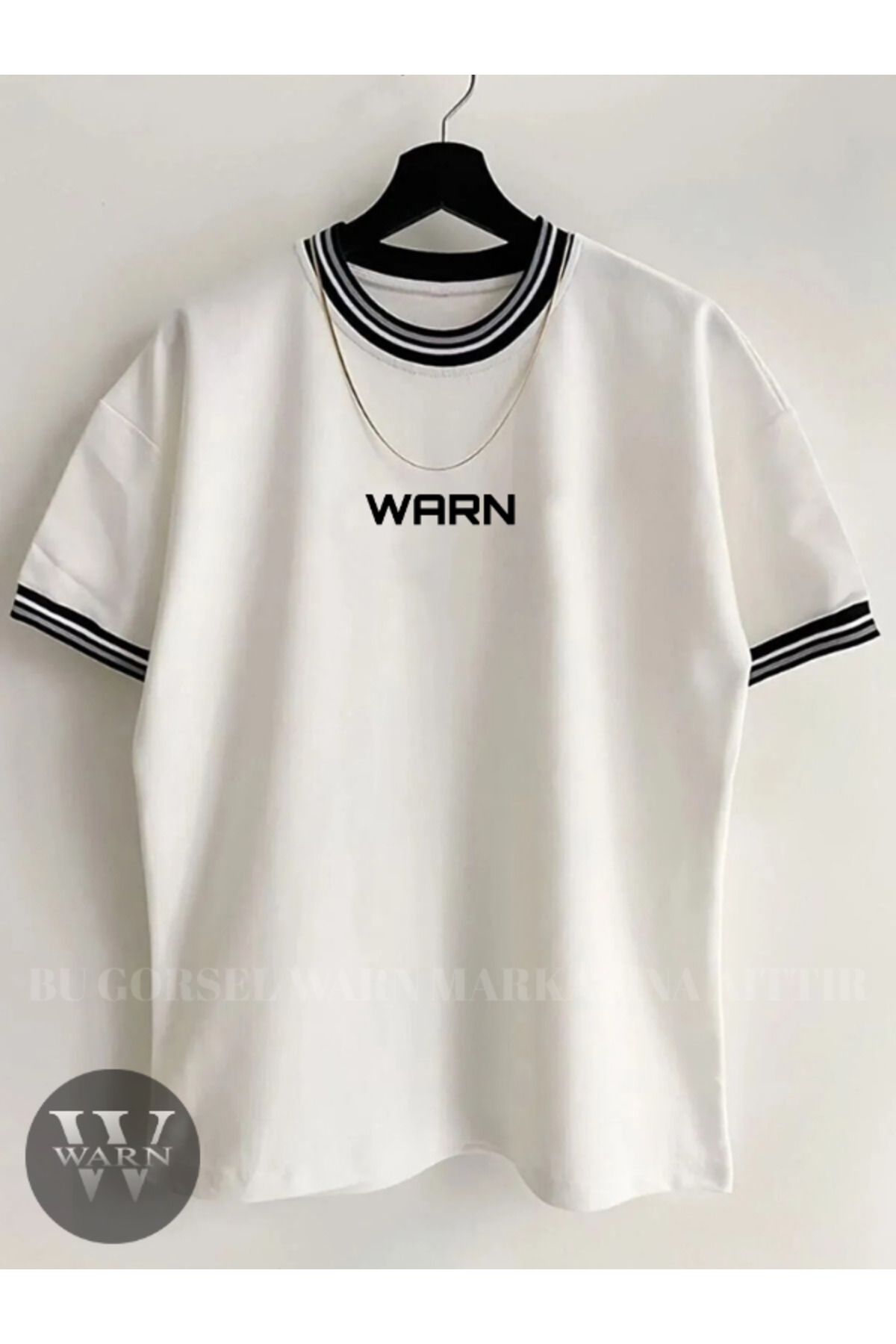 warn Unisex Oversize Kalıp Baskılı Yaka Kol Ribana Detay T-Shirt Yazlık Siyah Beyaz