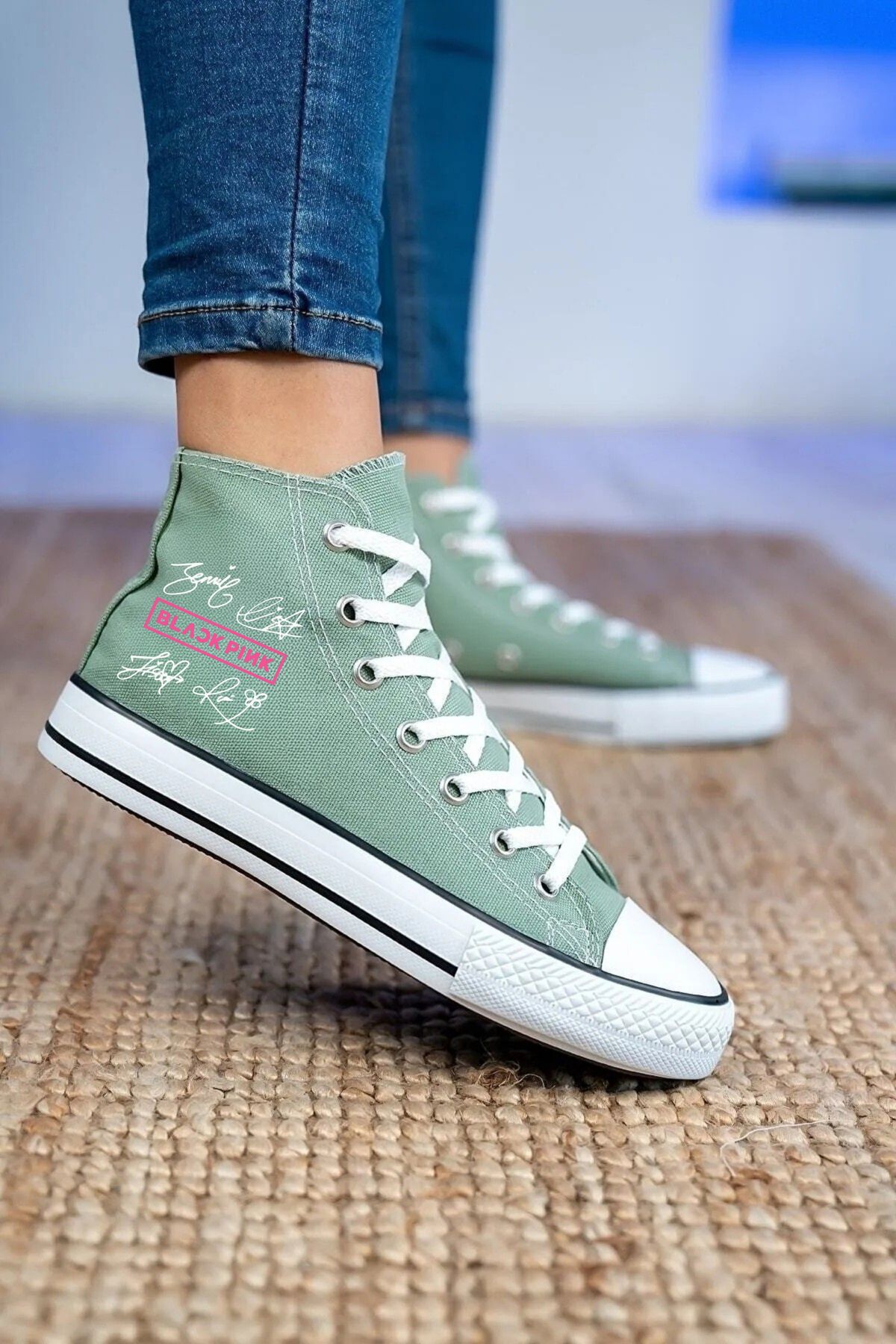 LEVENT ÖZCAN İmzalı Black Pink Baskılı Mint Yeşili Bilekli Spor Ayakkabı Çocuk Sneaker
