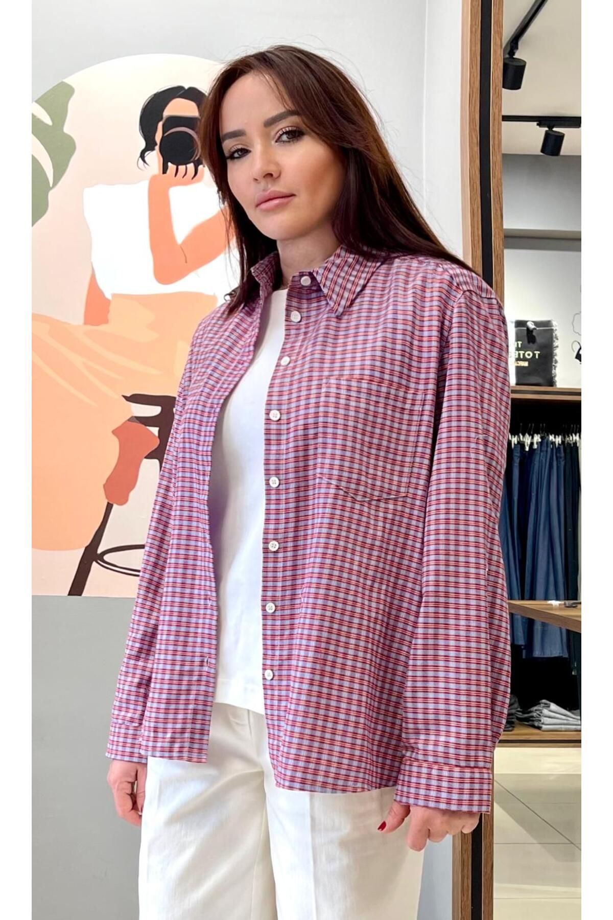 ARZU ÖZEL MODA ATÖLYESİ *Oversize Geniş Kesim %100 Pamuk Kadın Kırmızı Piti Kareli Gömlek.