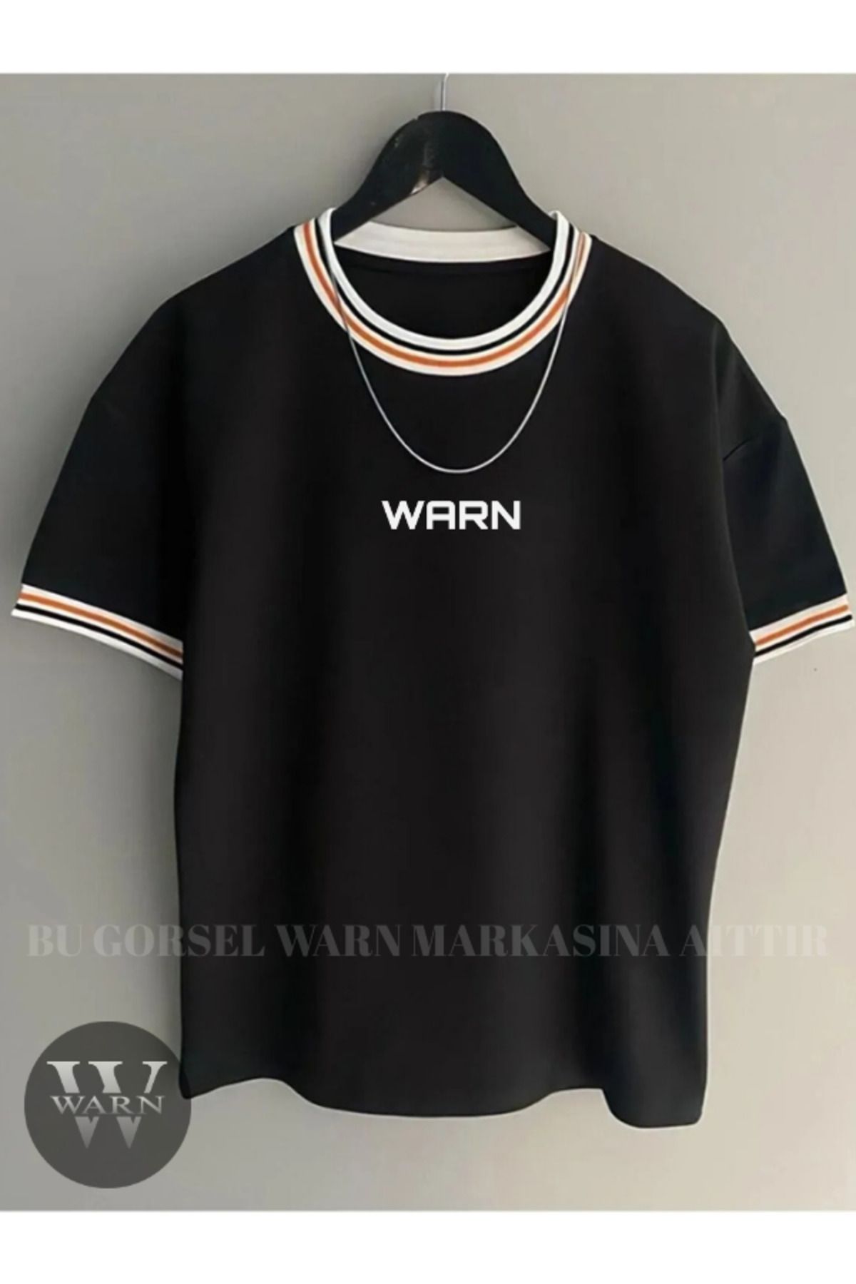 warn Unisex Oversize Kalıp Baskılı Yaka Kol Ribana Detay T-Shirt Yazlık Siyah Beyaz