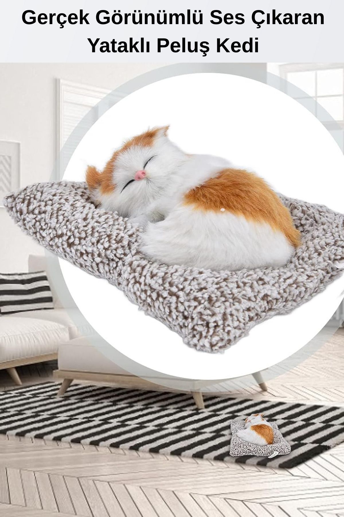 craftivio Gerçek Görünümlü Ses Çıkaran Yataklı Oyuncak Peluş Kedi 18 x 14 CM