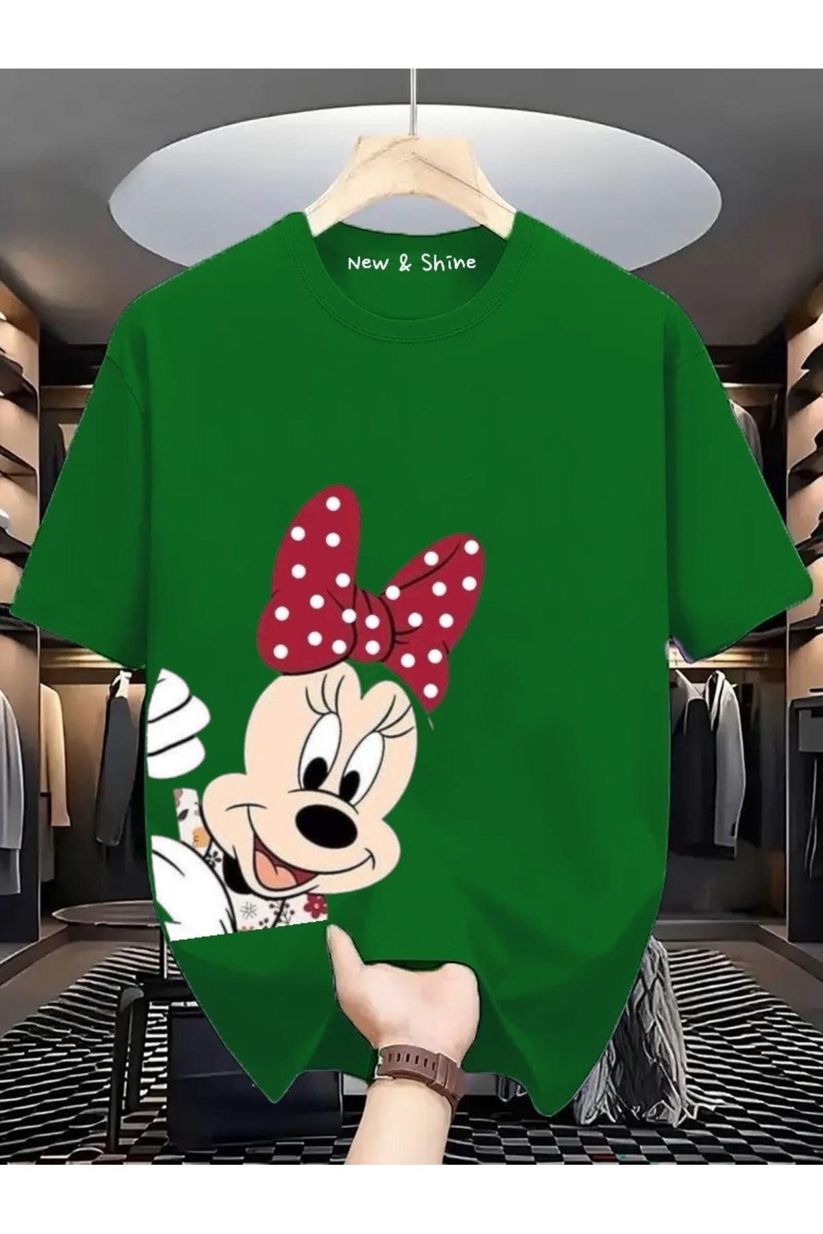 New Shine Minnie Mouse Yanda Baskılı Büyük Beden Oversize T-Shirt
