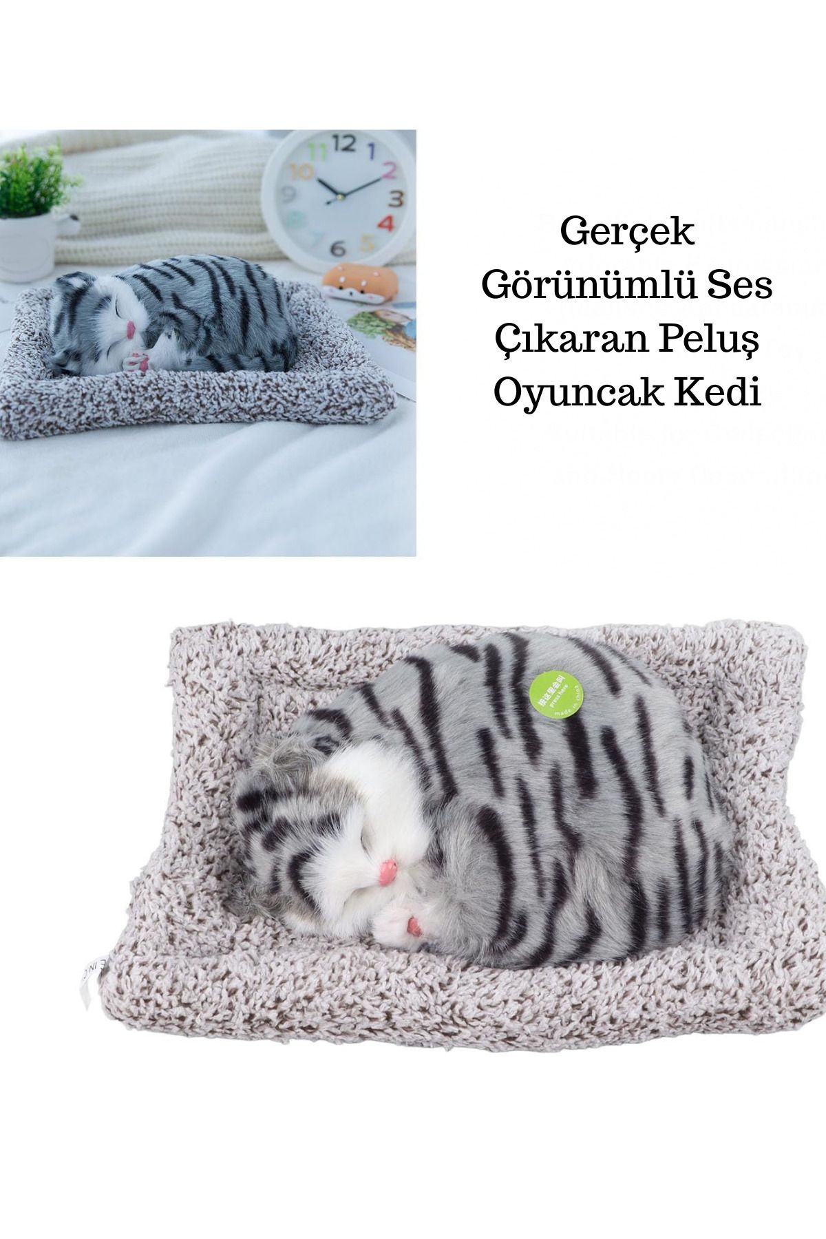 craftivio Gerçek Görünümlü Ses Çıkaran Yataklı Oyuncak Peluş Kedi 18 x 14 CM