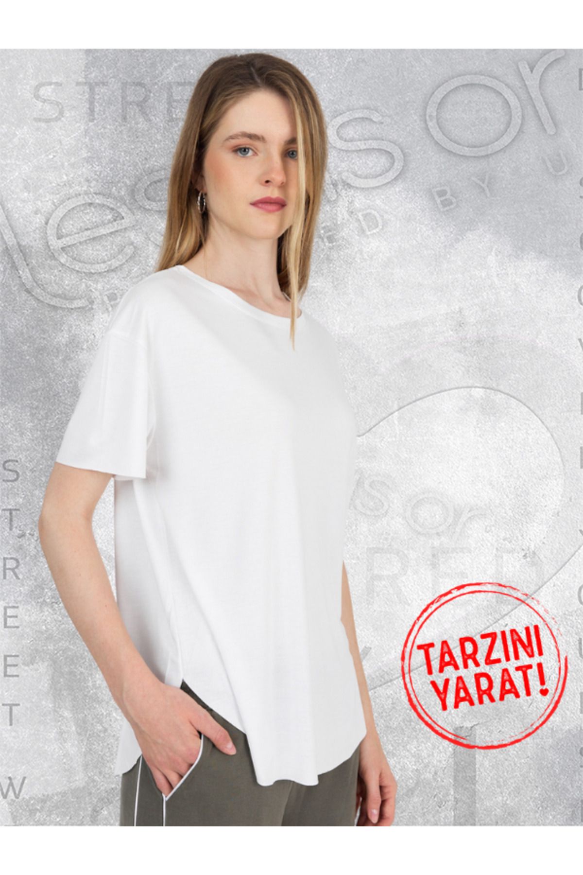 less is or Bisiklet Yaka Beyaz Lazer Kesim Kısa Kollu Basic Tshirt