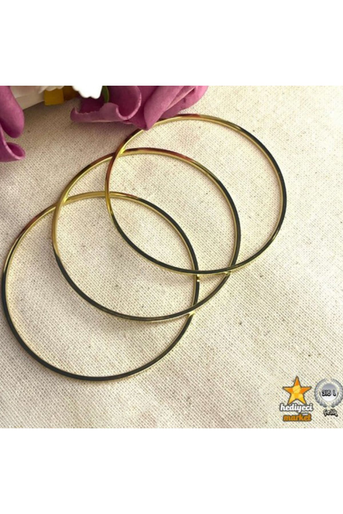 Hediyeci Market 316 L Paslanmaz 3'lü 7 CM Gold Ajda Çelik Bilzeik - HMÇB-0082