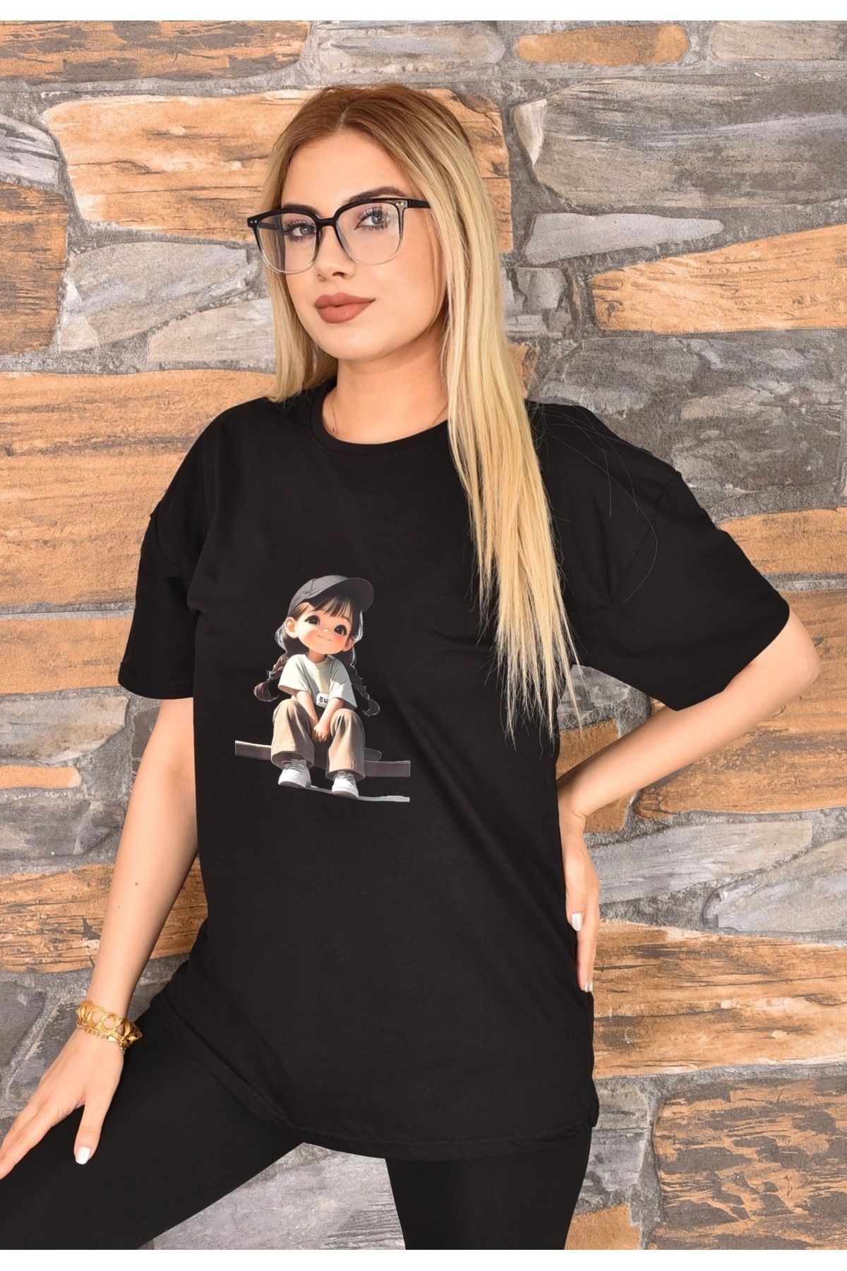 GEZEGENX Özel Baskılı Oversize Kadın T-Shirt Bisiklet Yaka
