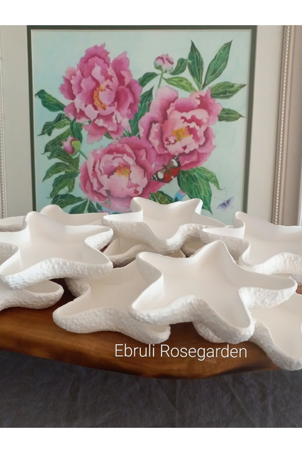Ebruli Rosegarden 10 ad Deniz Yıldızı Dekoratif Beton Tabak Beyaz Ve Mavi Vanilyalı Tealight Mum Nişan Düğün