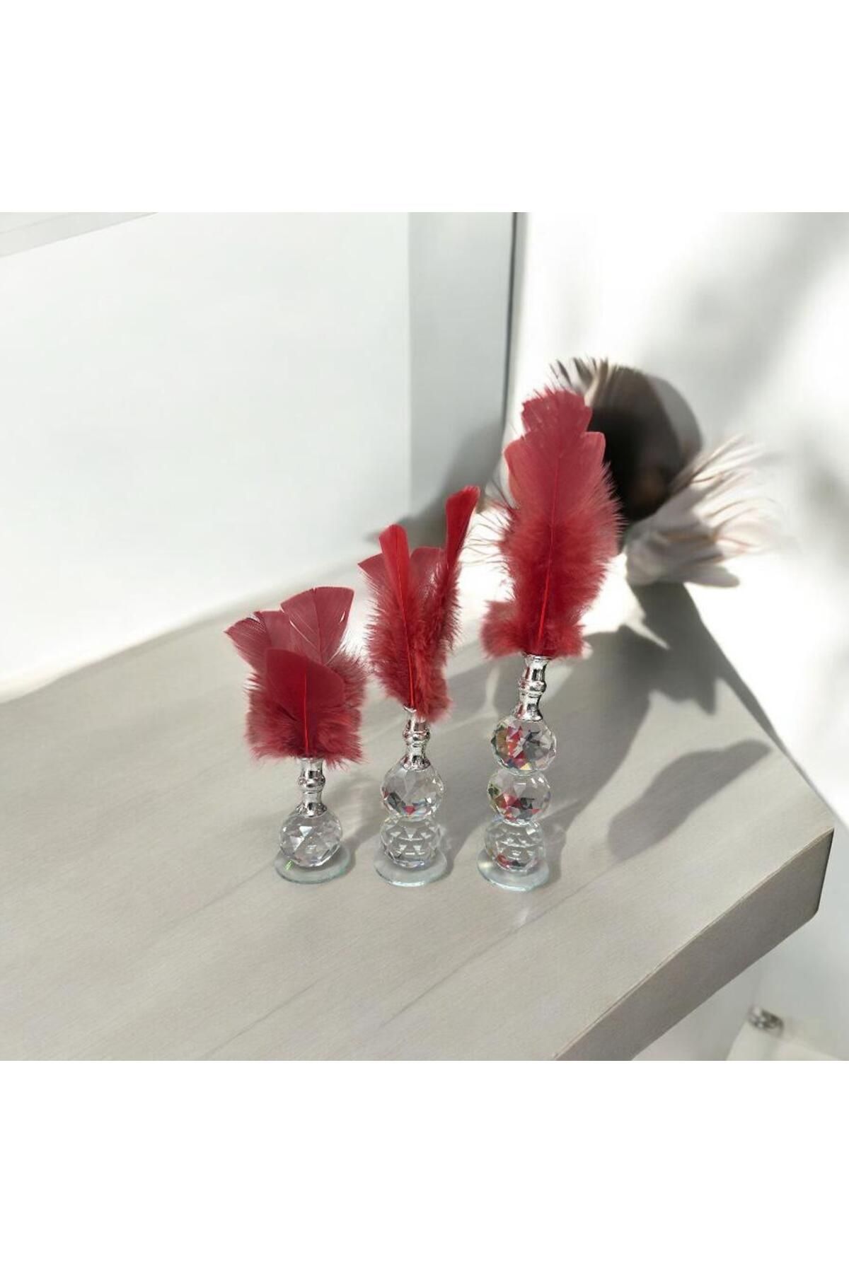 UYT LİFE 3'lü Bordo Tüylü Gold Kristal Top Tüylük Dekor Biblo Süs Gümüş Detaylı
