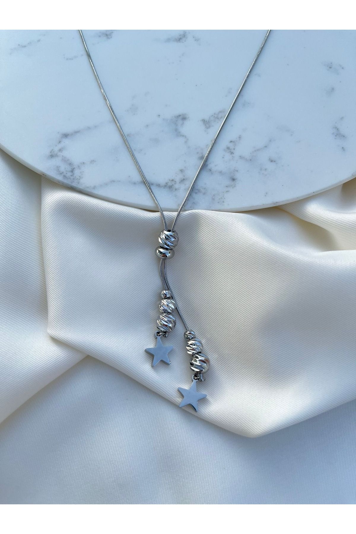 Orvix Accessories Silver Zincir Çift Yıldız Temalı Kararmaz Kadın Kolye Yazlık Kolye Abiye kolye Hediyelik Kolye