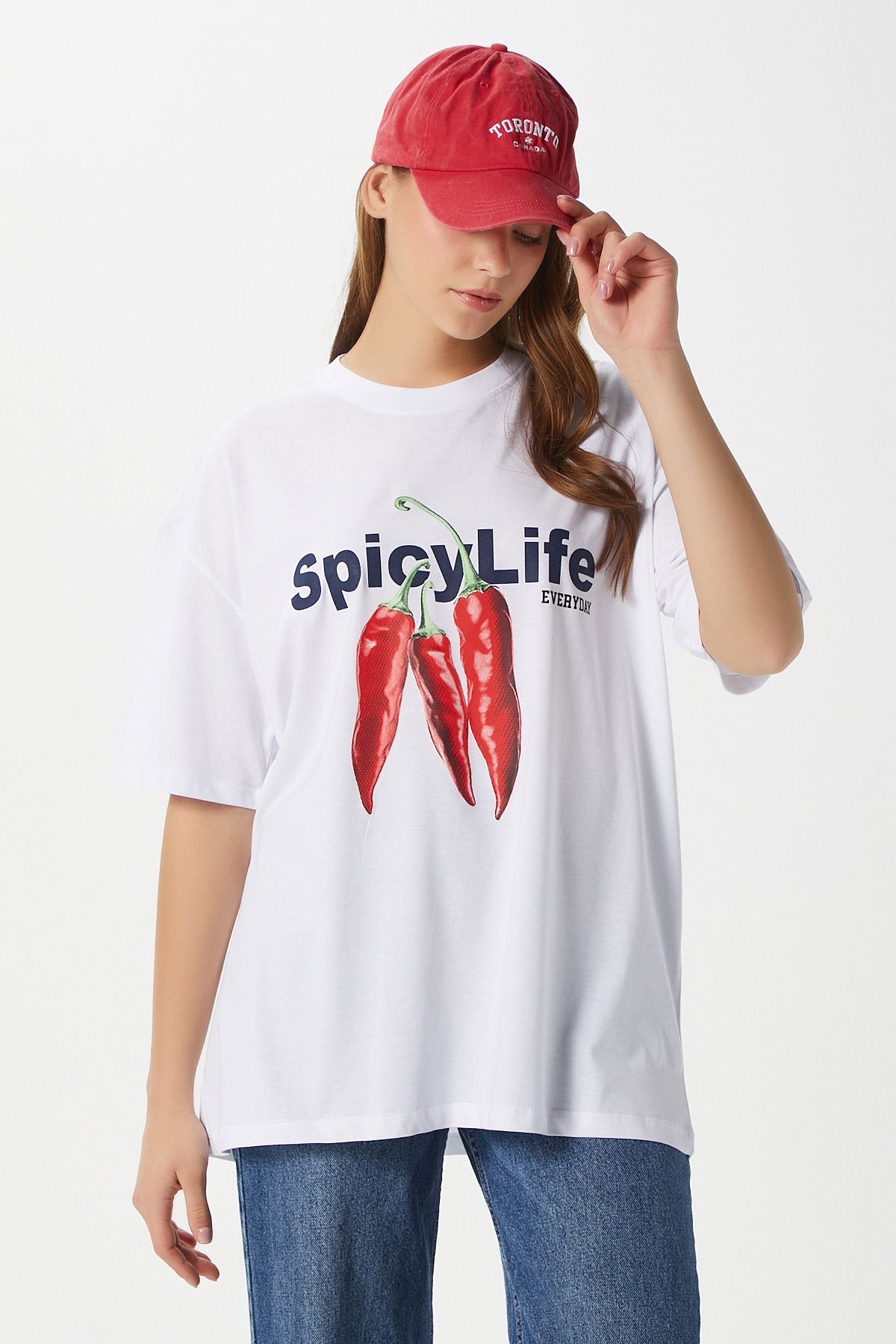 Ritnice Kadın Spicy Biber Desenli Oversize T-Shirt