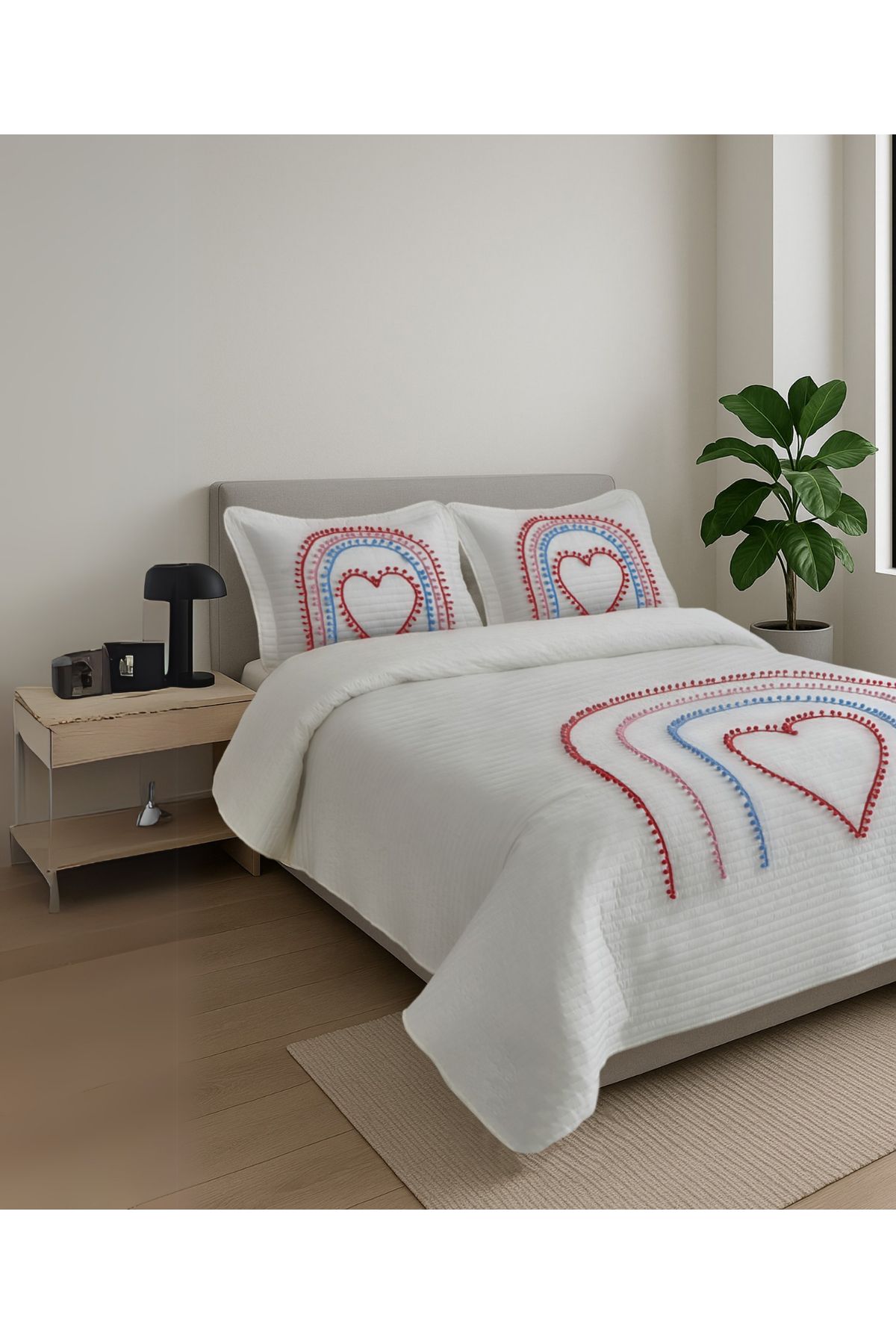 Evlen Home Collection-100% Cotton Double Bedspread with Colorful Pompom Heart Motif (Pike) Set 5