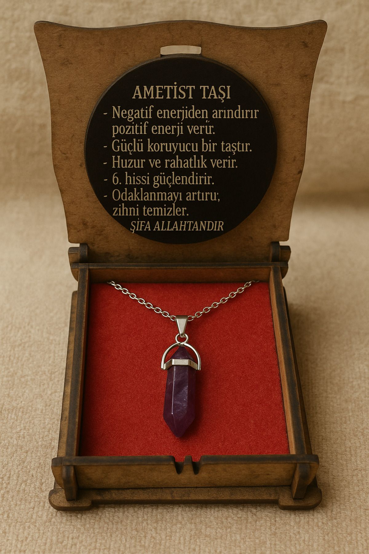 incidesign Ametist Taşı Kristal Kolye Doğal Mor Taş, Ahşap Kutulu, Anneye, Sevgiliye, Kız Çocuğuna Özel Hediye