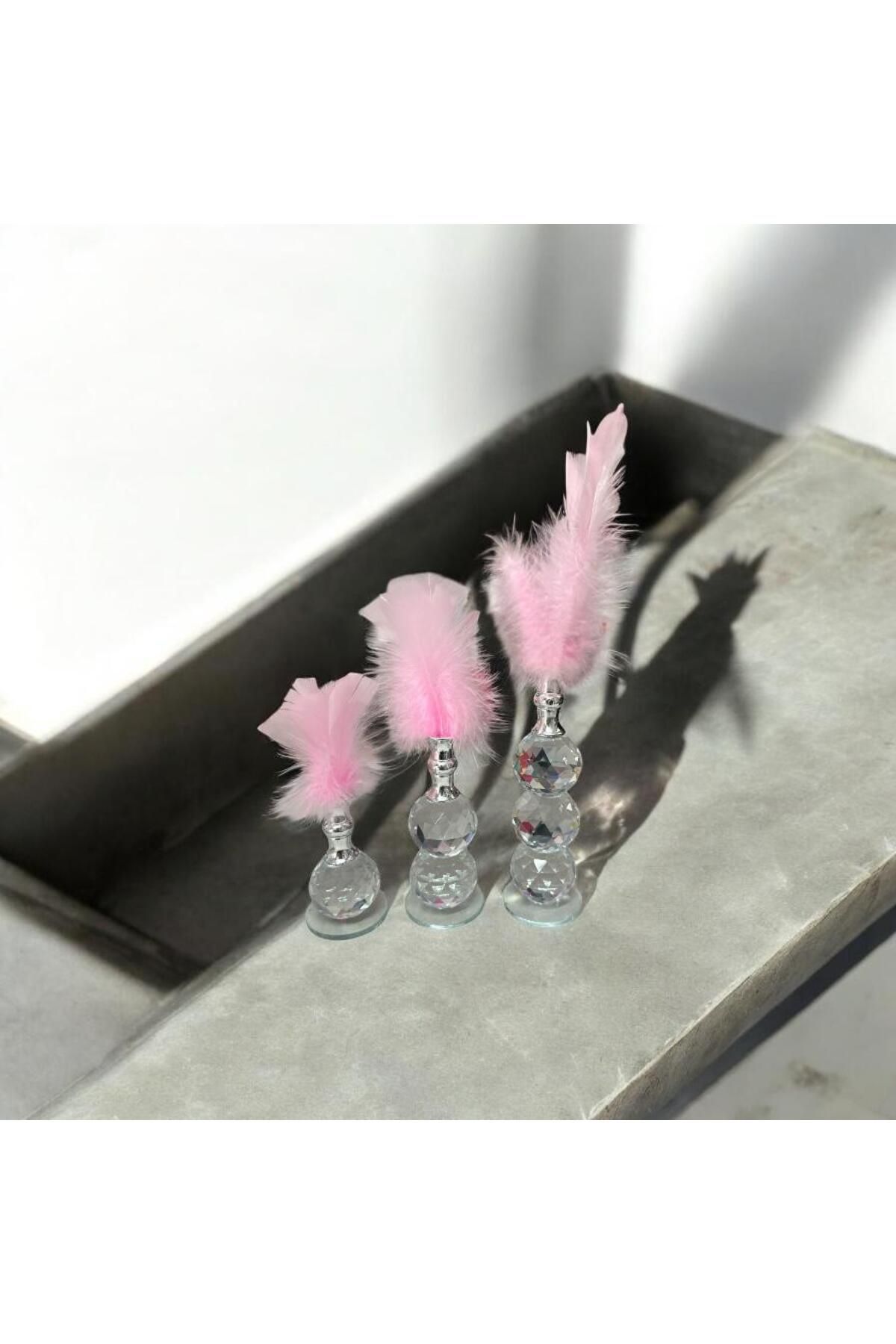 UYT LİFE 3'lü Pembe Tüylü Gold Kristal Top Tüylük Dekor Biblo Süs