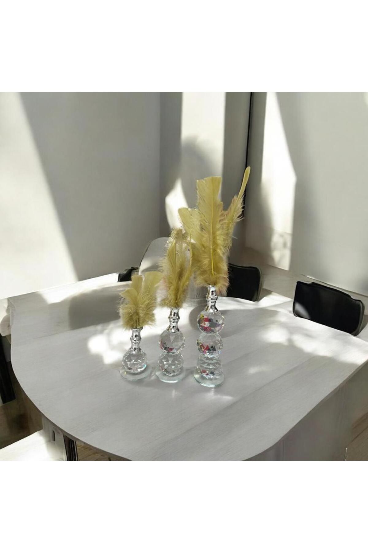 UYT LİFE 3'lü Gold Tüylü Gold Kristal Top Tüylük Dekor Biblo Süs Gümüş Detaylı