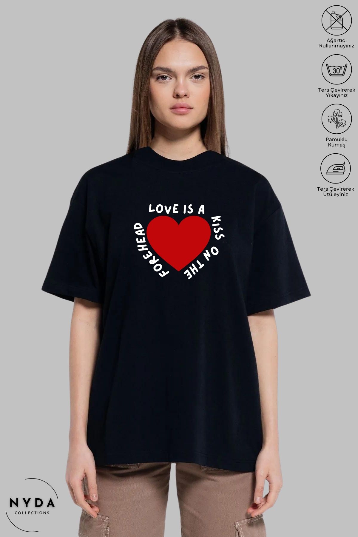 Nyda Collections Kadın Bisiklet Yaka Kalp Love Baskılı Pamuk Oversize Kısa Kollu Tişört