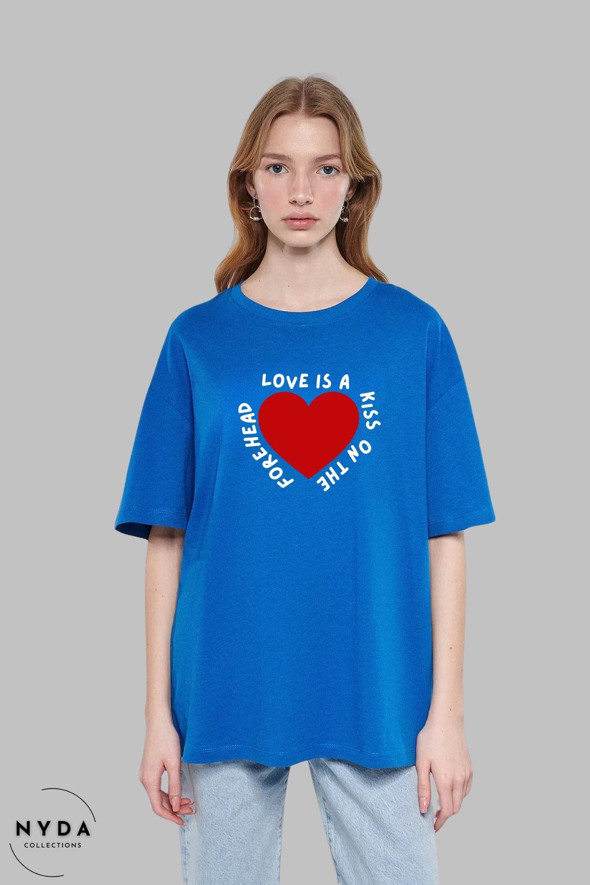 Nyda Collections Kadın Bisiklet Yaka Kalp Love Baskılı Pamuk Oversize Kısa Kollu Tişört
