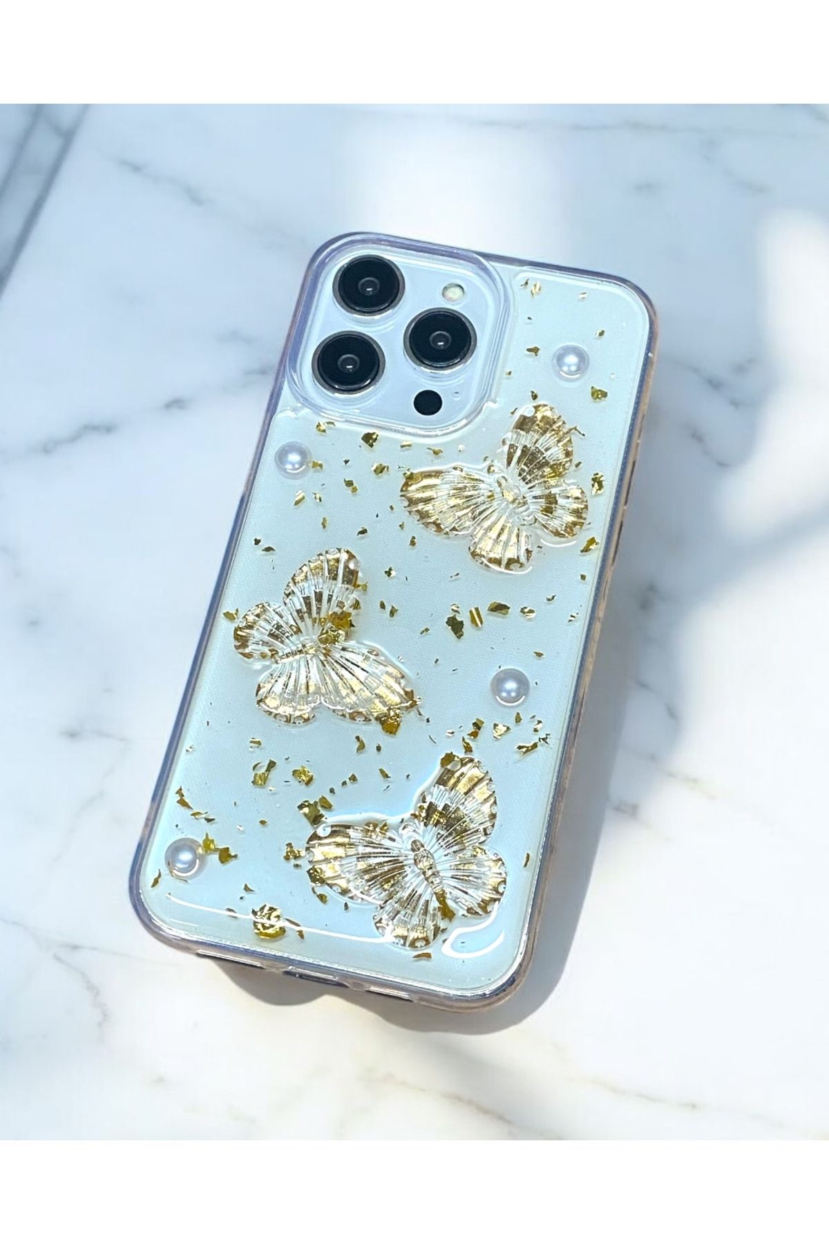 KILIF HOUSE Iphone 15 Pro Max Uyumlu Şeffaf Gold Simli Daisy Kılıf