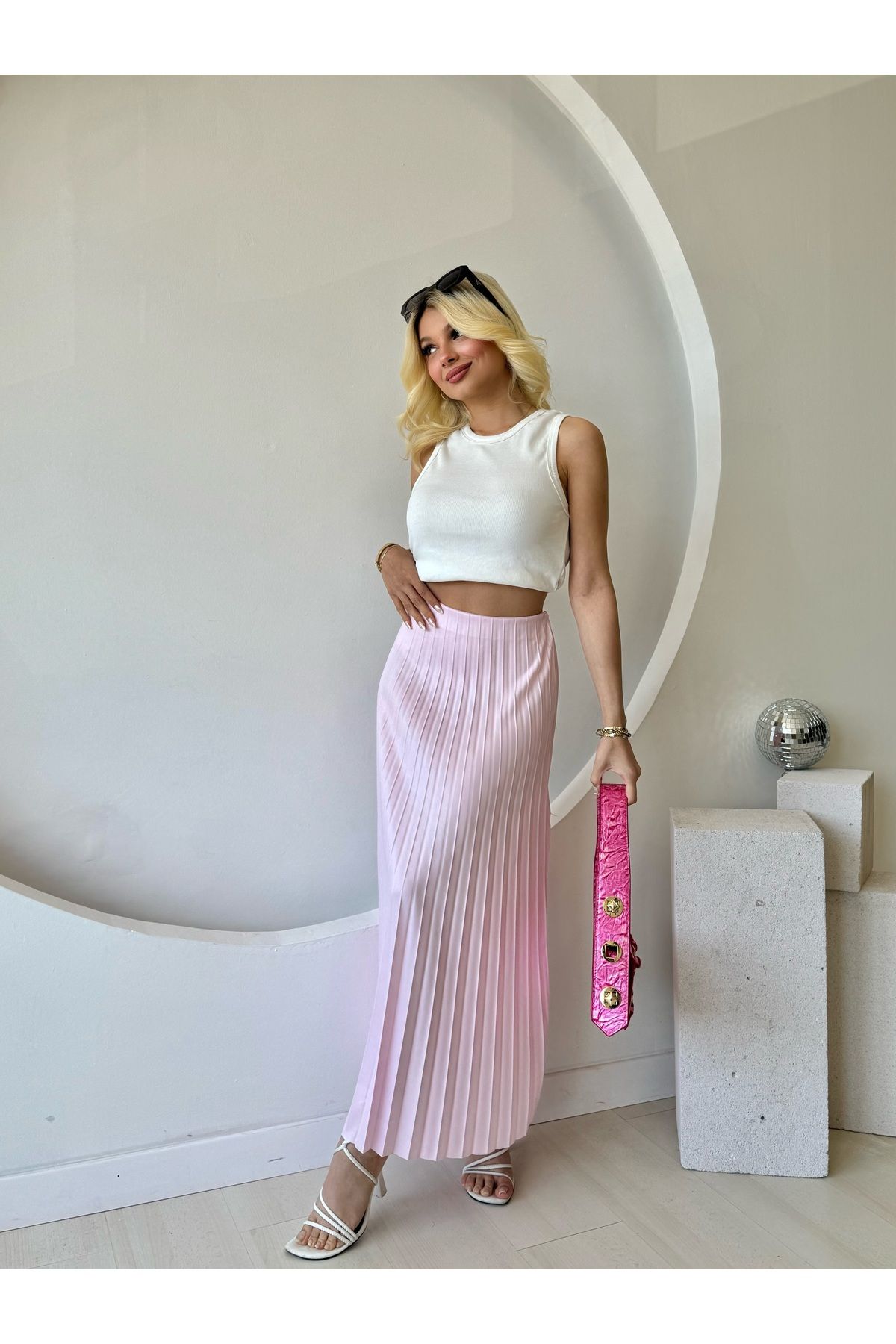 FEHUBLOOM Astarsız Pembe Pileli Etek