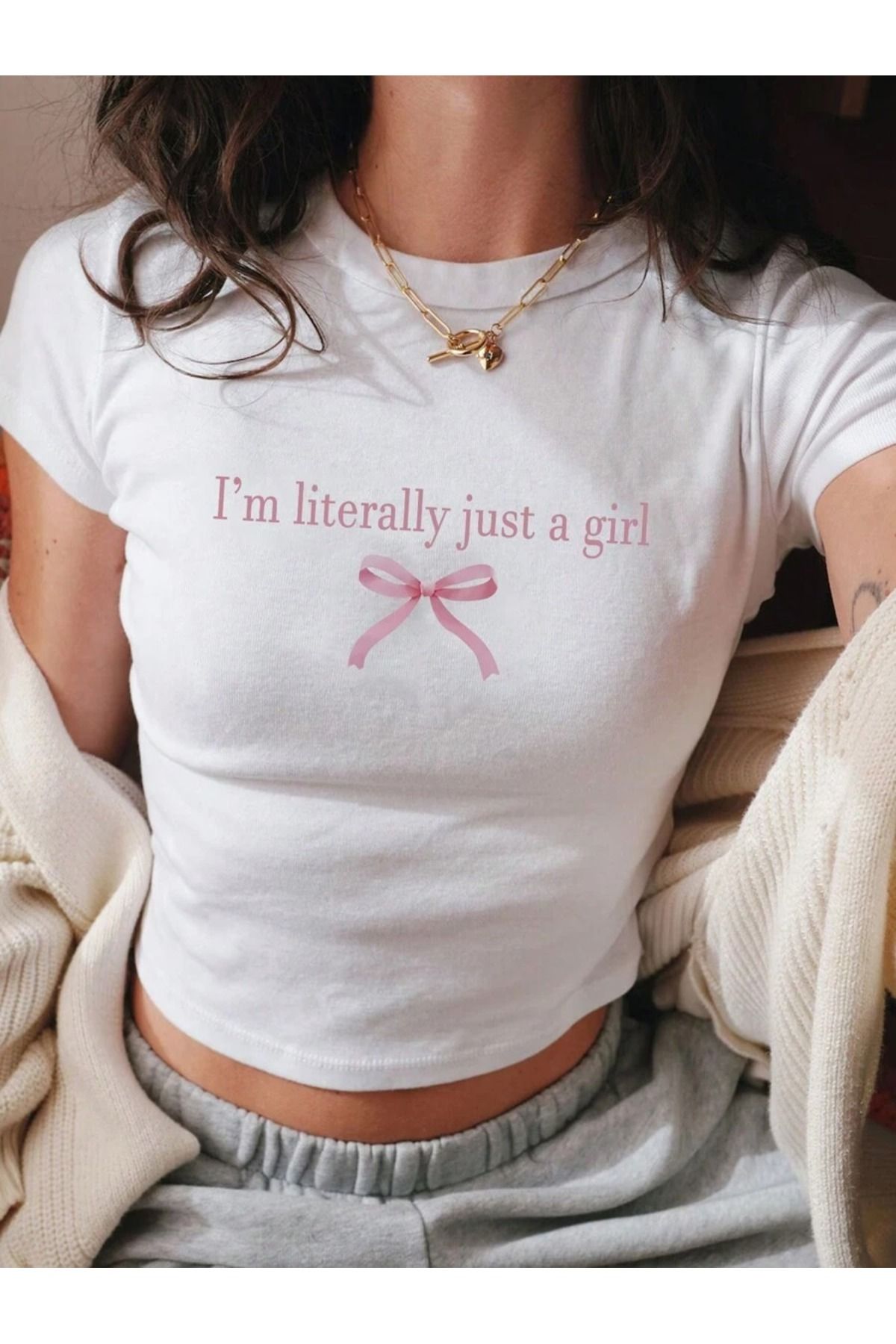 PALPİTO Kadın Beyaz Literally Girl Baskılı Bisiklet Yaka Dar Crop Tshirt