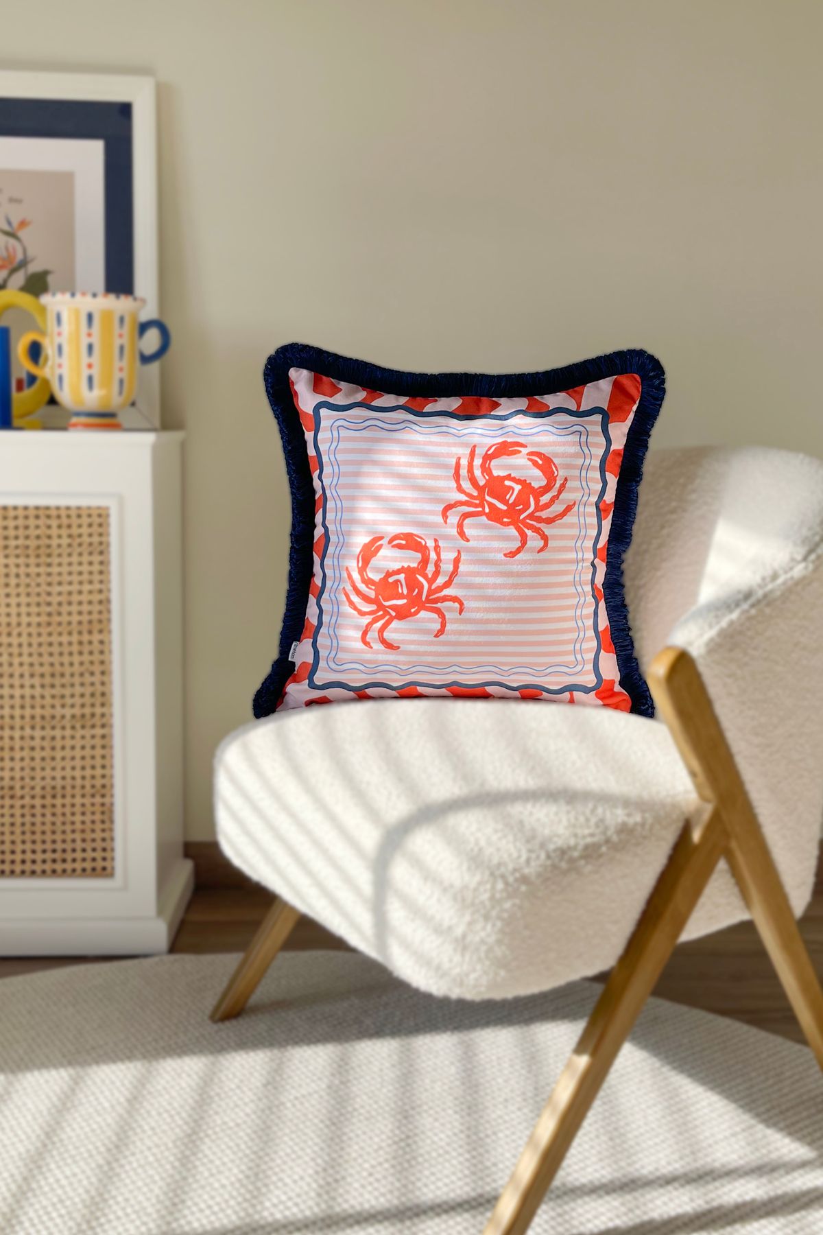 RİTMOHOME Yengeç Desenli Püsküllü Vintage, Country, Iskandinav, Bohem 50x50 Dekoratif Yastık(İÇİ DOLGULU)