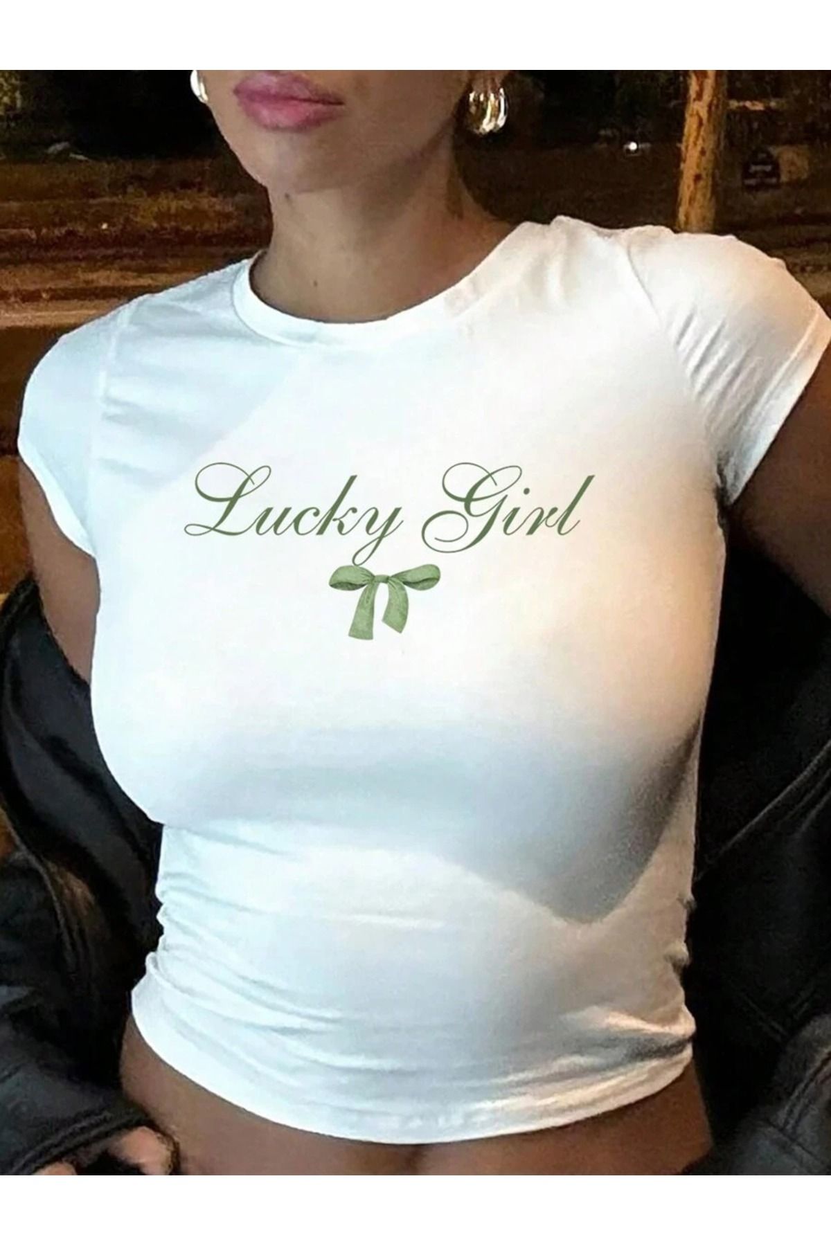 PALPİTO Kadın Beyaz Lucky Girl Baskılı Bisiklet Yaka Dar Crop Tshirt