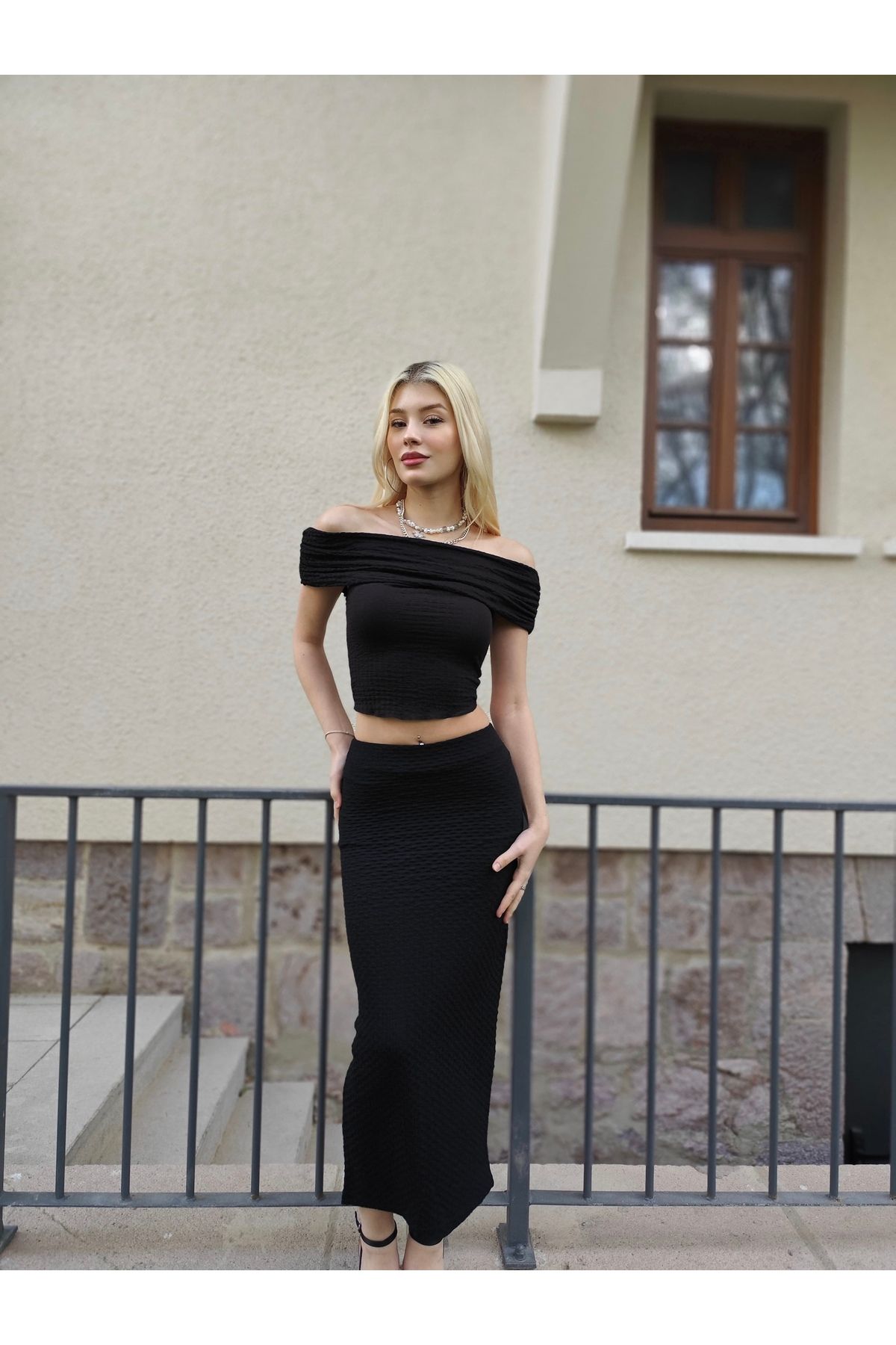 mekabutik Siyah Madonna Yaka Bürümcük İkili Etek Takım