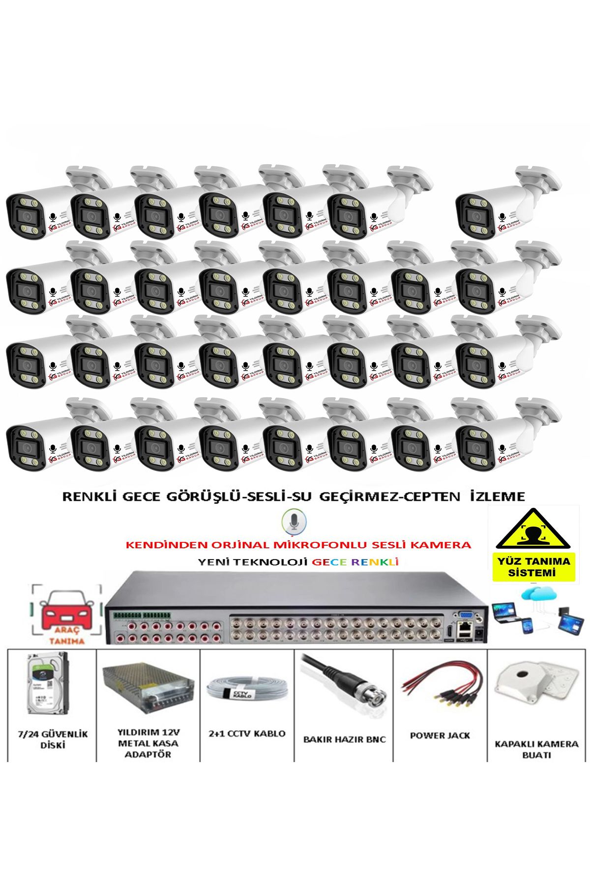 YILDIRIMGROUP 31 Lİ SESLİ GÜVENLİK KAMERASI 5 MP GECE RENKLİ YÜZ VE ARAÇ TANIMALI FULL HD KAMERA SİSTEMİ