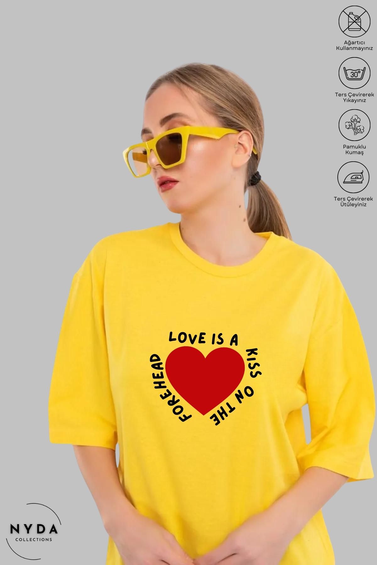 Nyda Collections Kadın Bisiklet Yaka Kalp Love Baskılı Pamuk Oversize Kısa Kollu Tişört