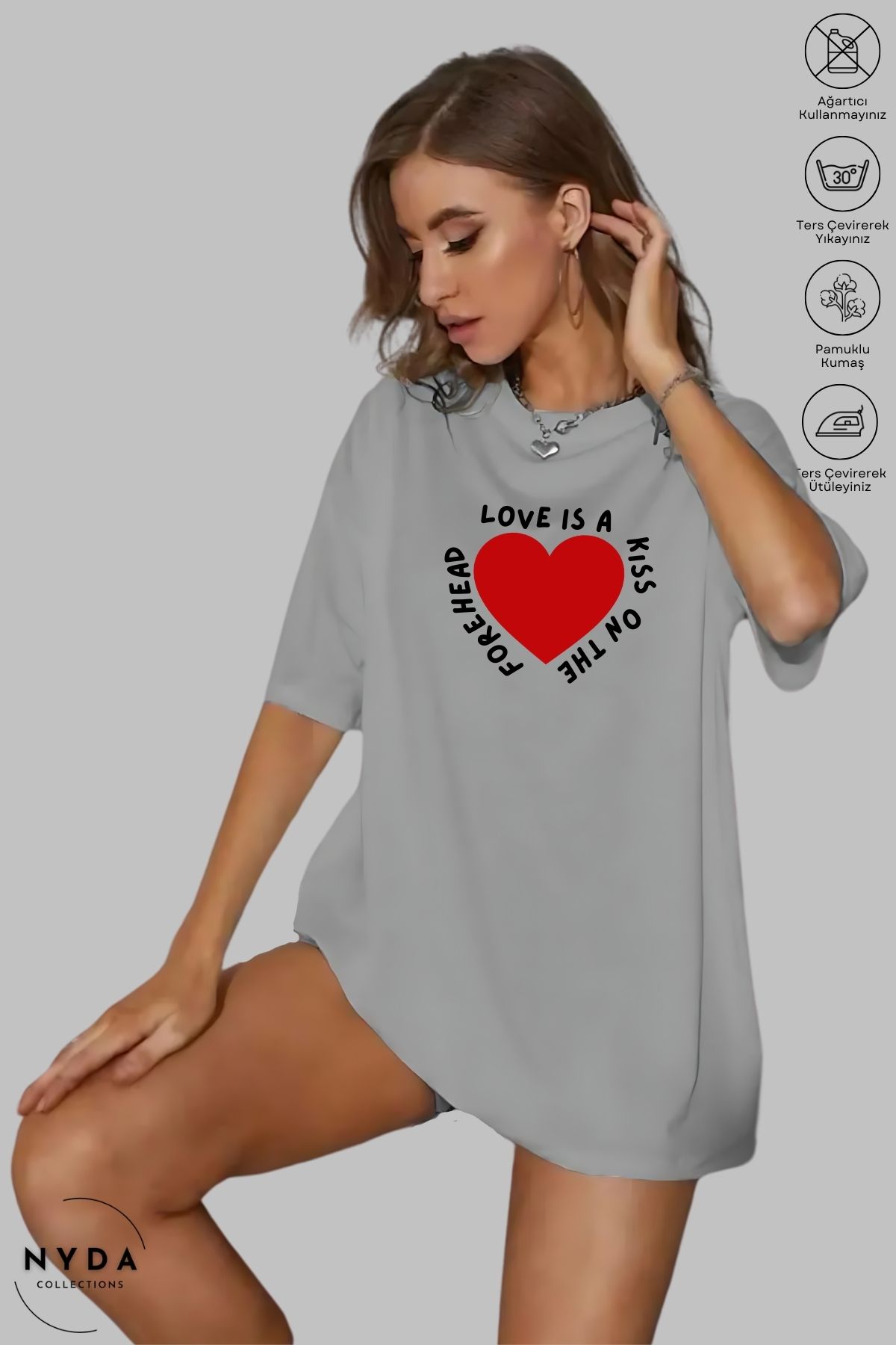 Nyda Collections Kadın Bisiklet Yaka Kalp Love Baskılı Pamuk Oversize Kısa Kollu Tişört