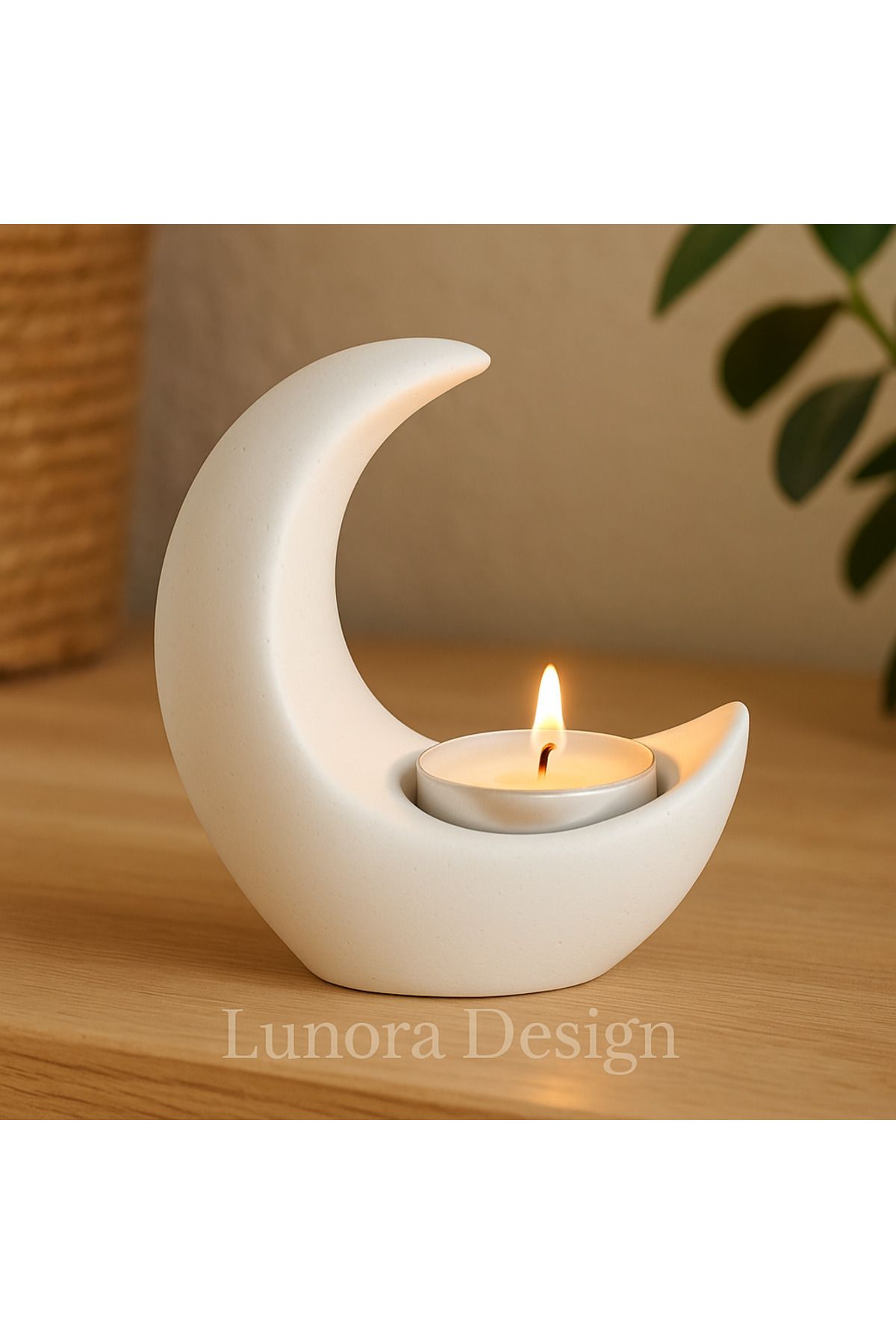 Lunora Design Ay Şeklinde El Yapımı Mumluk – Beyaz Dekoratif Tealight