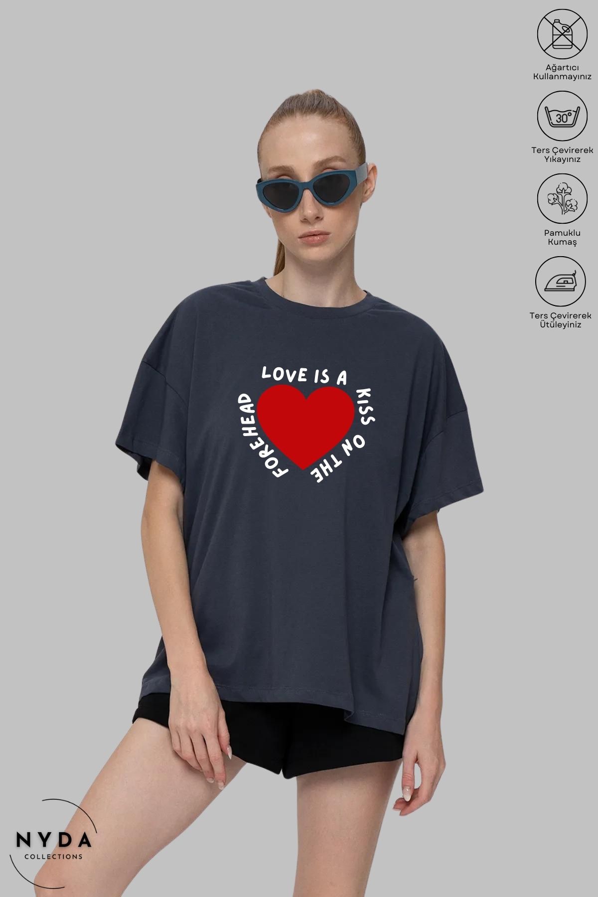 Nyda Collections Kadın Bisiklet Yaka Kalp Love Baskılı Pamuk Oversize Kısa Kollu Tişört