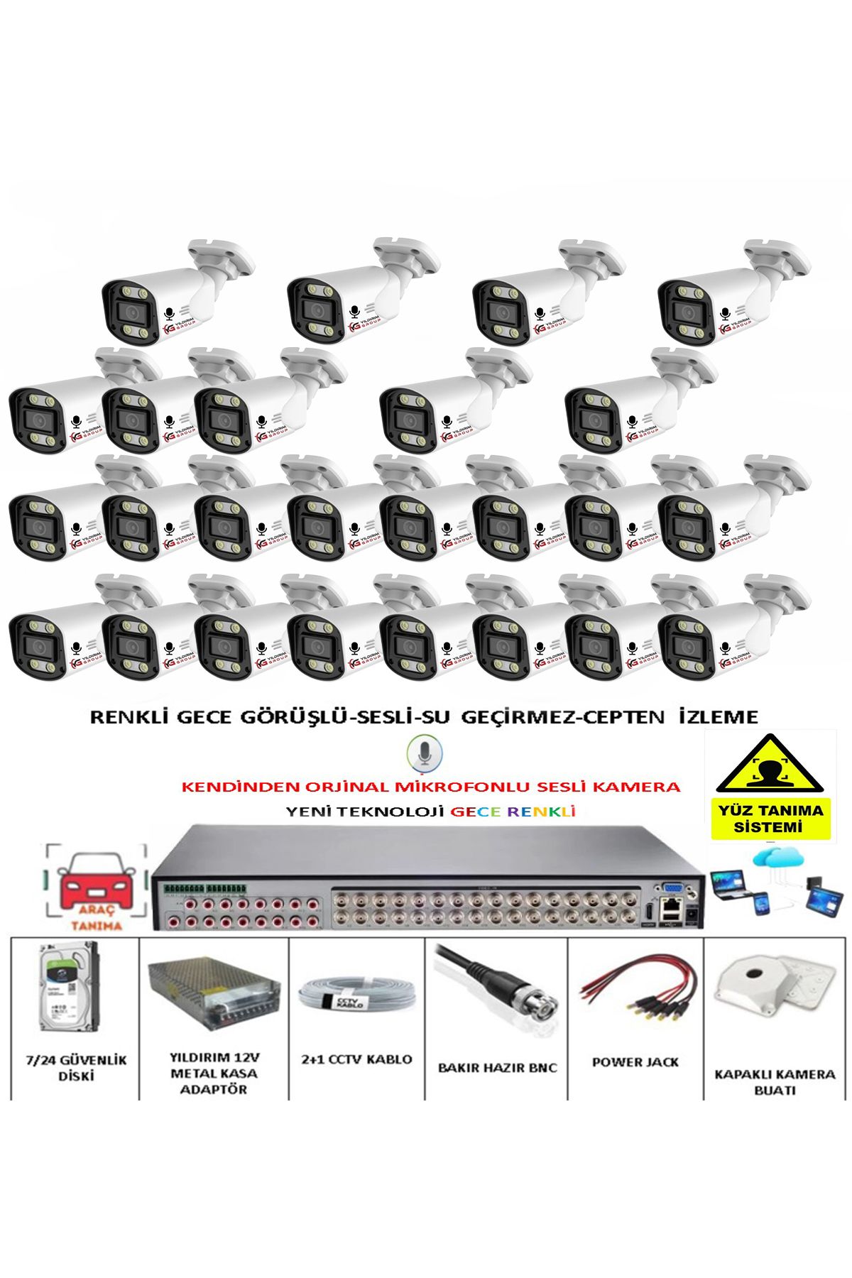 YILDIRIMGROUP 25 Lİ SESLİ GÜVENLİK KAMERASI 5 MP GECE RENKLİ YÜZ VE ARAÇ TANIMALI FULL HD KAMERA SİSTEMİ