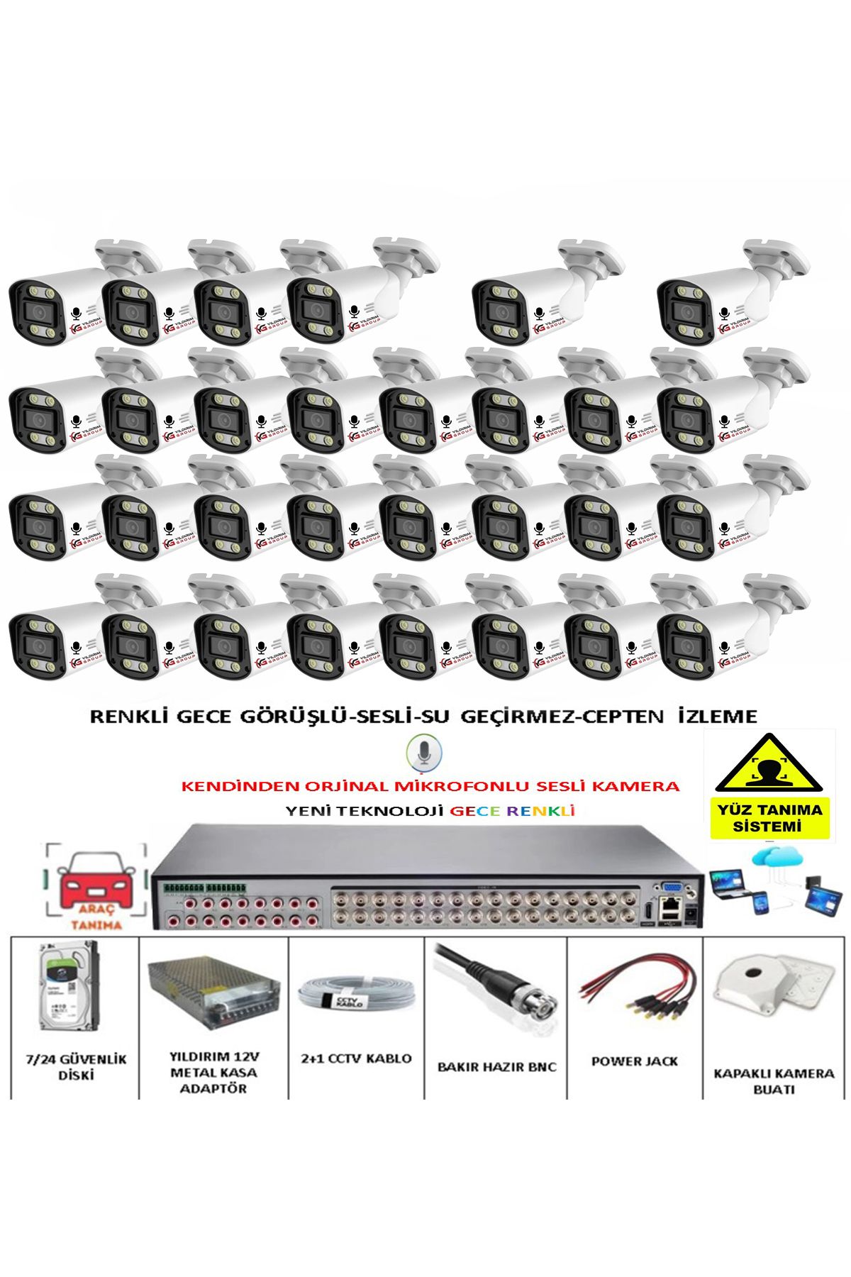 YILDIRIMGROUP 30 LU SESLİ GÜVENLİK KAMERASI 5 MP GECE RENKLİ YÜZ VE ARAÇ TANIMALI FULL HD KAMERA SİSTEMİ