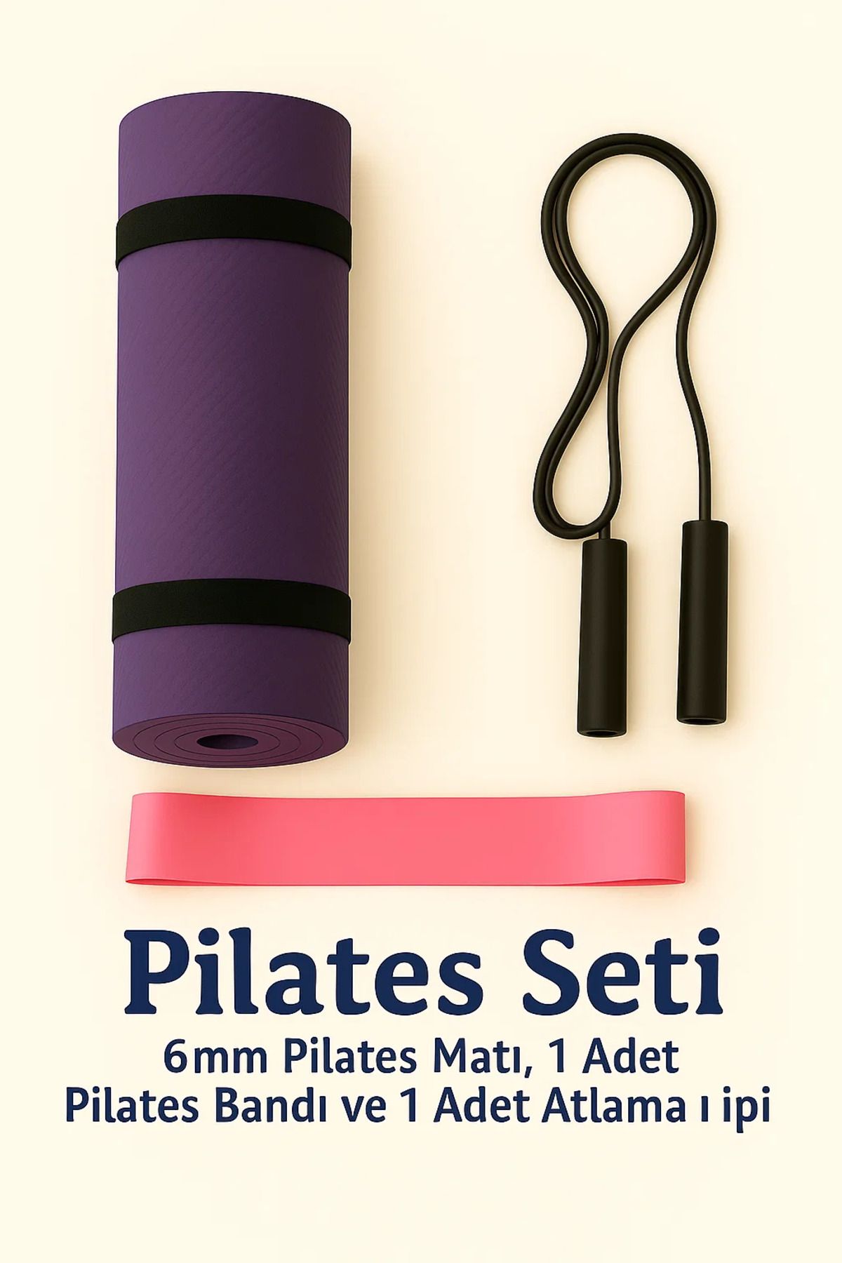 MEKOS 3'lü Set 6 Mm Mor Plates Yoga Minderi Ve Kamp Matı 1adet Pilates Bandı(DİRENÇ LASTİĞİ) Ve Atlama Ipi
