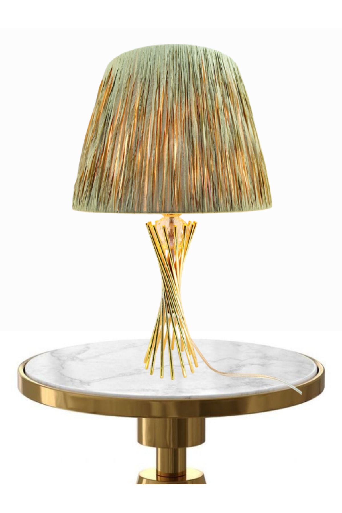 Decodelight Gold Kaplama Burgu Metal Ayaklı Kristal Cam Toplu Makrome ve Kağıt İp Sargı Şapkalı Abajur
