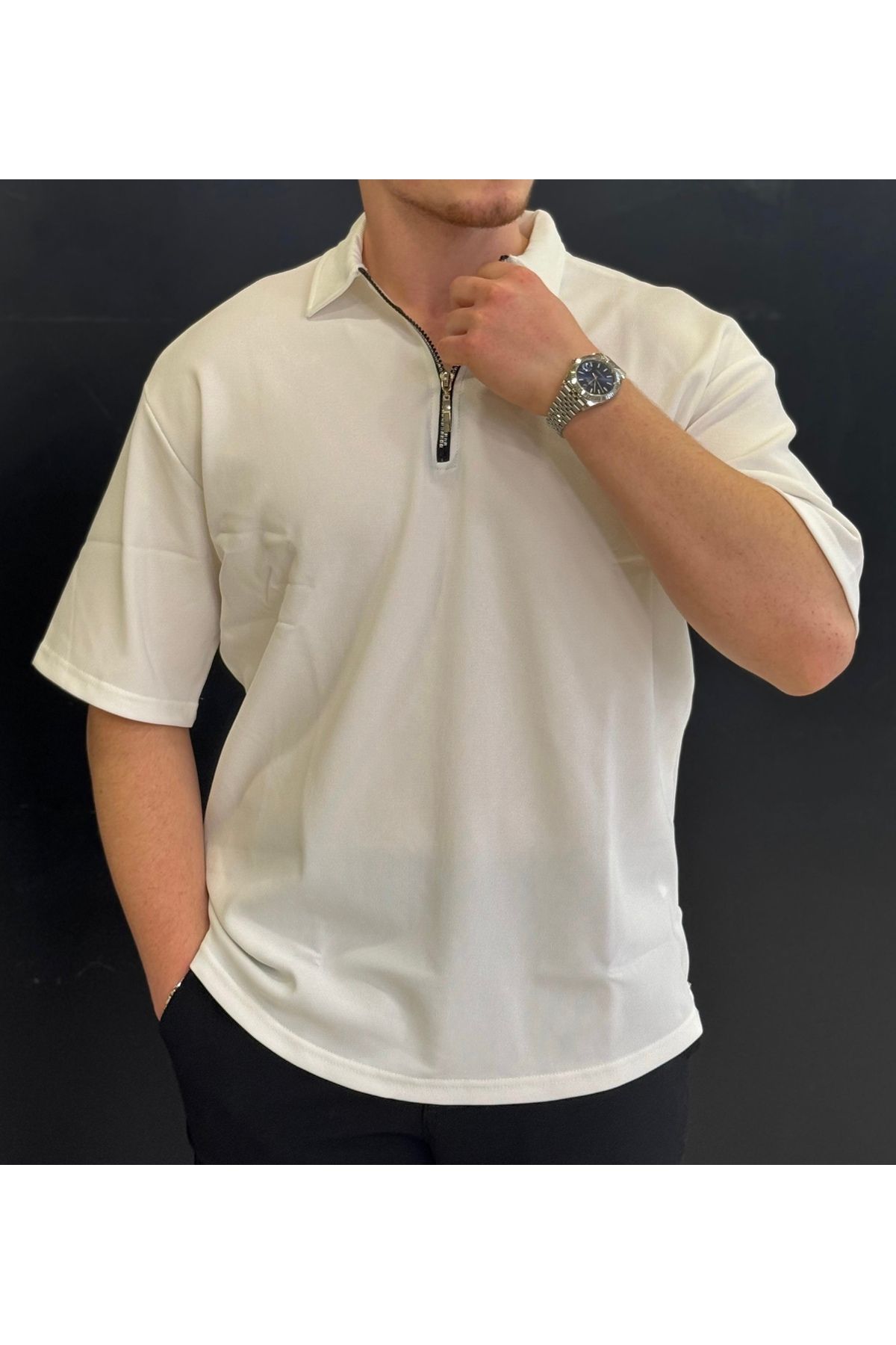 Alpha star Örme kumaş desenli likralı yarım fermuar polo yaka t-Shirt