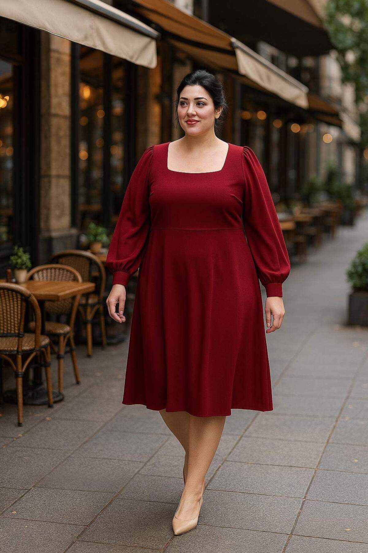 angelino butik Büyük Beden Kadın Kare Yaka Abiye Elbise KL3087