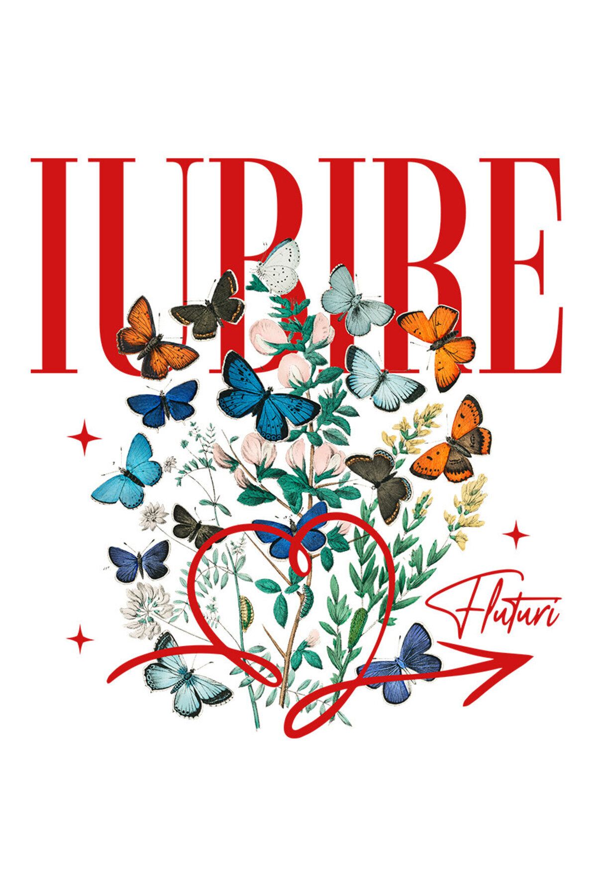 StoryGift Romania Sticker Autocolant 70cm Cu Fluturi Colorati Planta Verde Text Iubire Inimioara Rosie Cu Margin - One Size