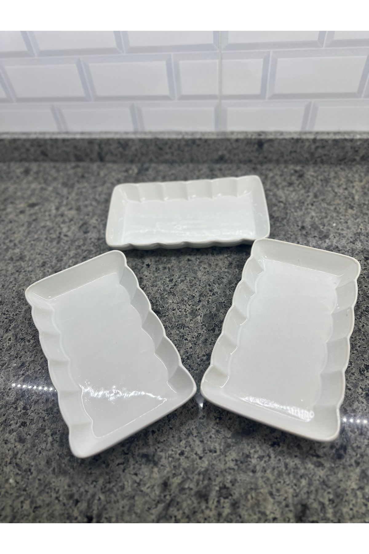 SERAMİK Okyanus Desenli Kayık Tabak Orta Sunum Salata Tabağı 3’lü