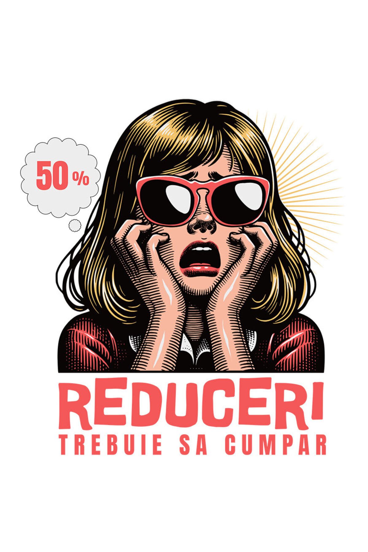 StoryGift Romania Sticker Adeziv 90cm Cu Fata Disperata Blonda Stil Retro Cu Ochelari De Soare Text Reduceri Tre - One Size