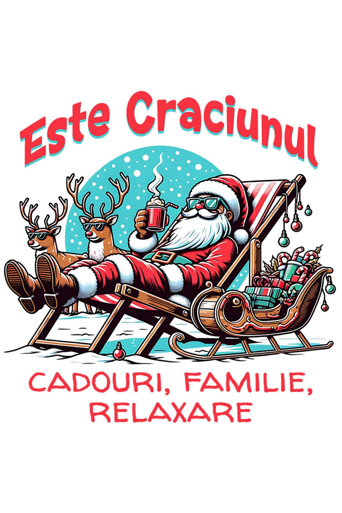 StoryGift Romania Sticker Eticheta 50cm Cu Mos Craciun Vesel Pe Sezlong Cu Ciocolata Calda Text Este Craciunul C - One Size