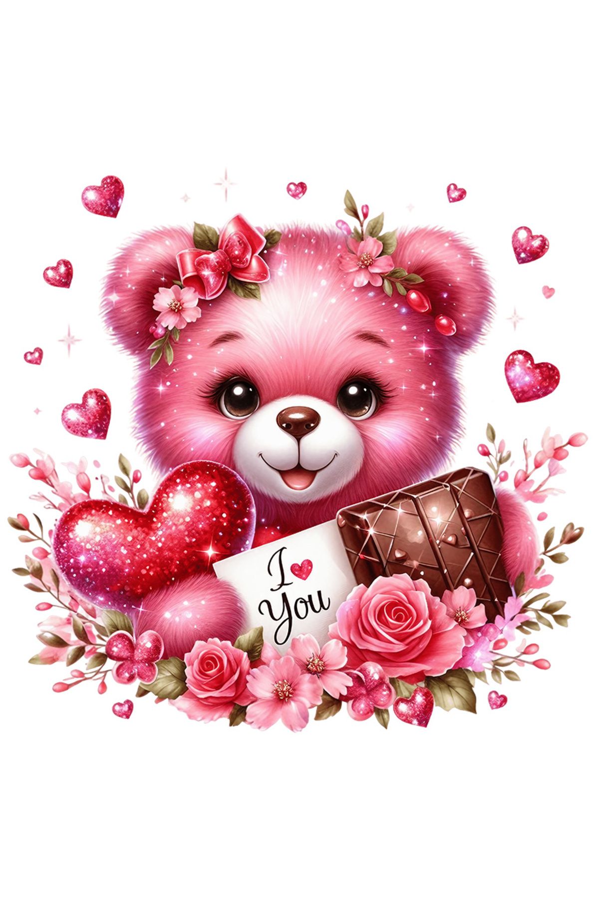 StoryGift Romania Sticker Autocolant 70cm Cu O Ursoaica De Plus, Roz, Binedispusa, Inimioare, Mesajul "i Love Yo - One Size