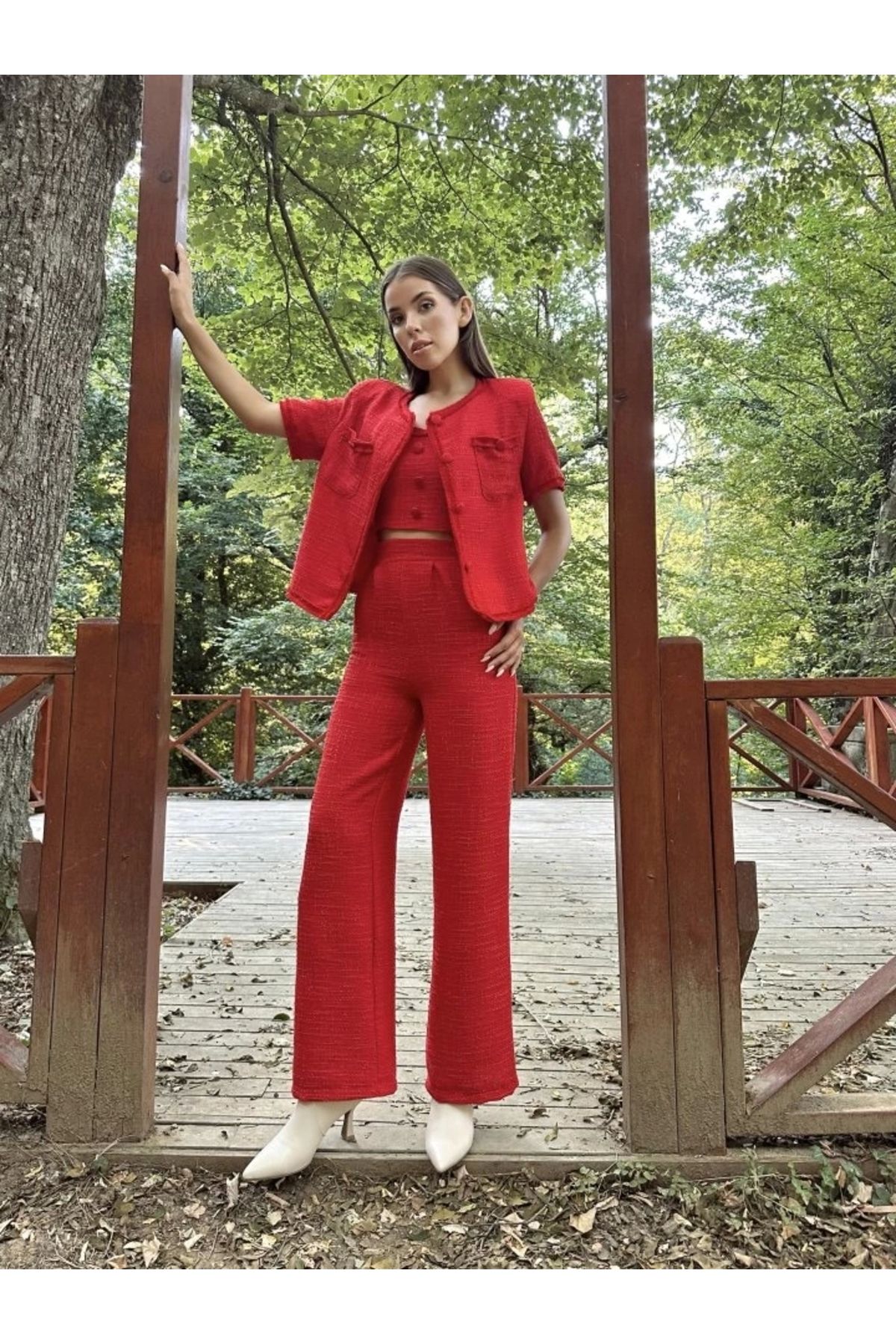 nedo7 Kırmızı Askılı Büstiyer Ceket Ve Pantolon Takım