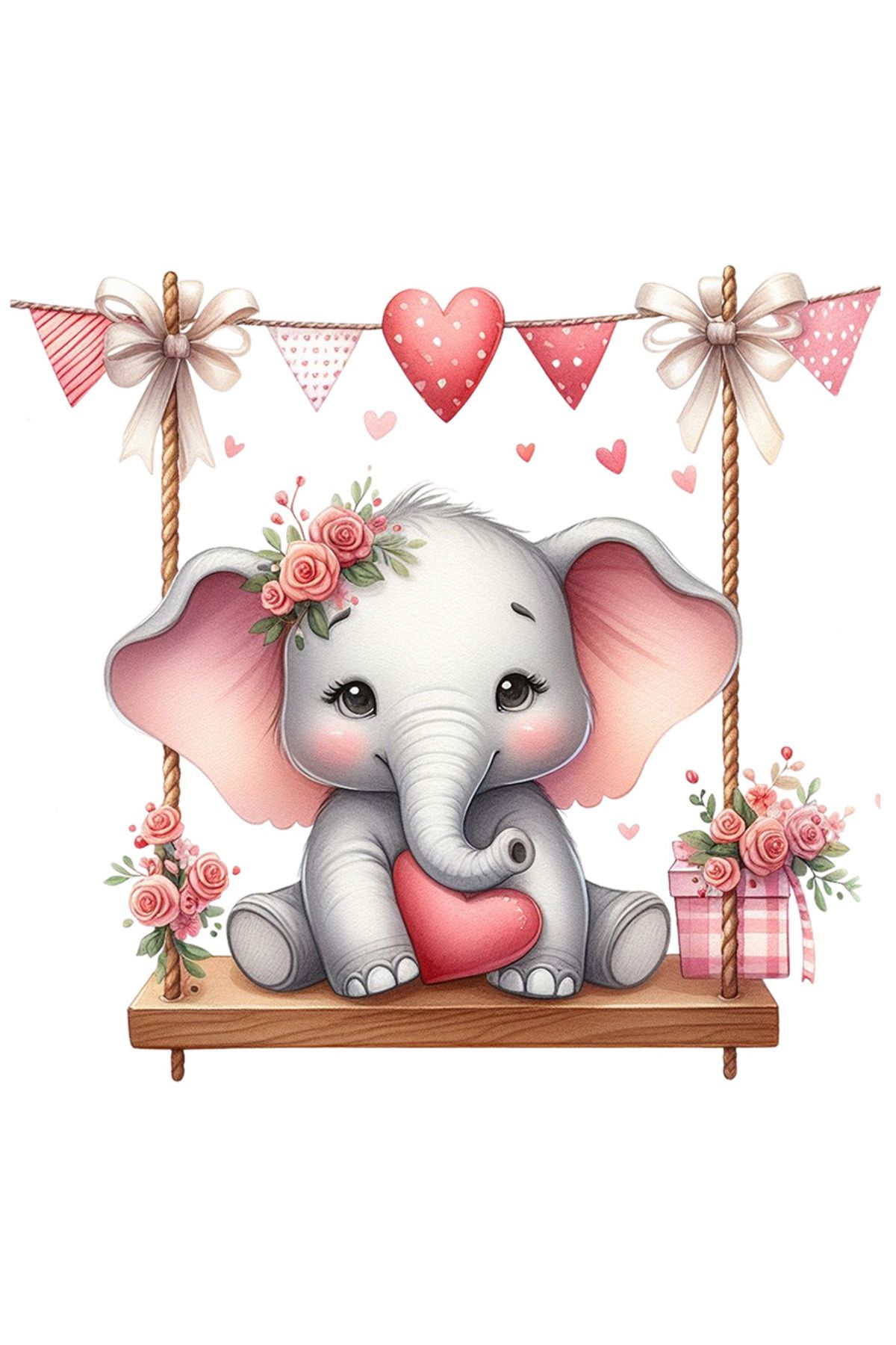 StoryGift Romania Sticker Cu Un Elefant Care Se Da In Leagan, Ilustratie, Inimioare, Floricele, Joaca , Cu - One Size
