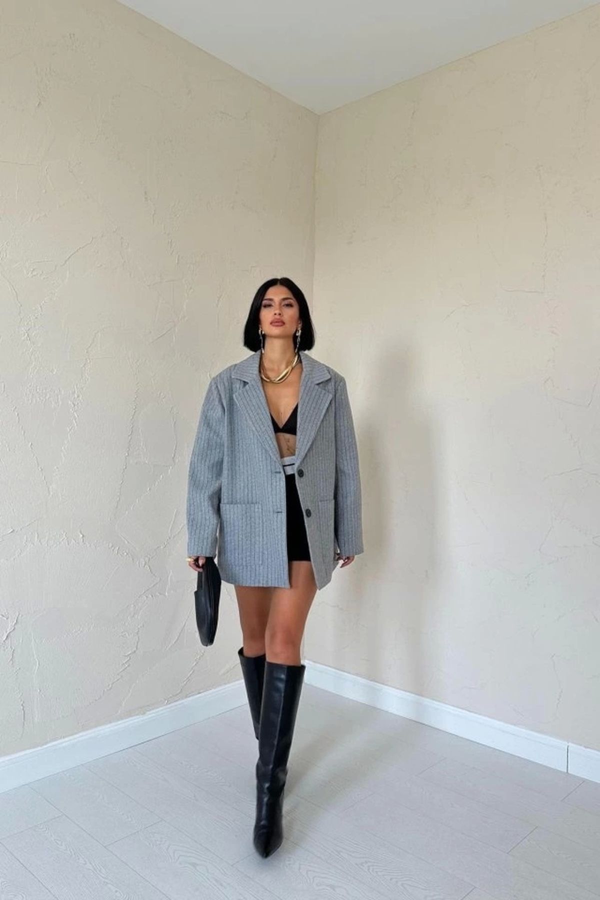 nedo7 Gri Çizgili Oversize Ceket