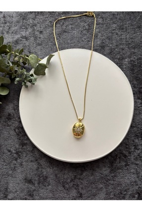 Artiscent Altın Renkli Oval Çelik Kolye – Zirkon Taşlı Yıldız Motifli Zarif T...