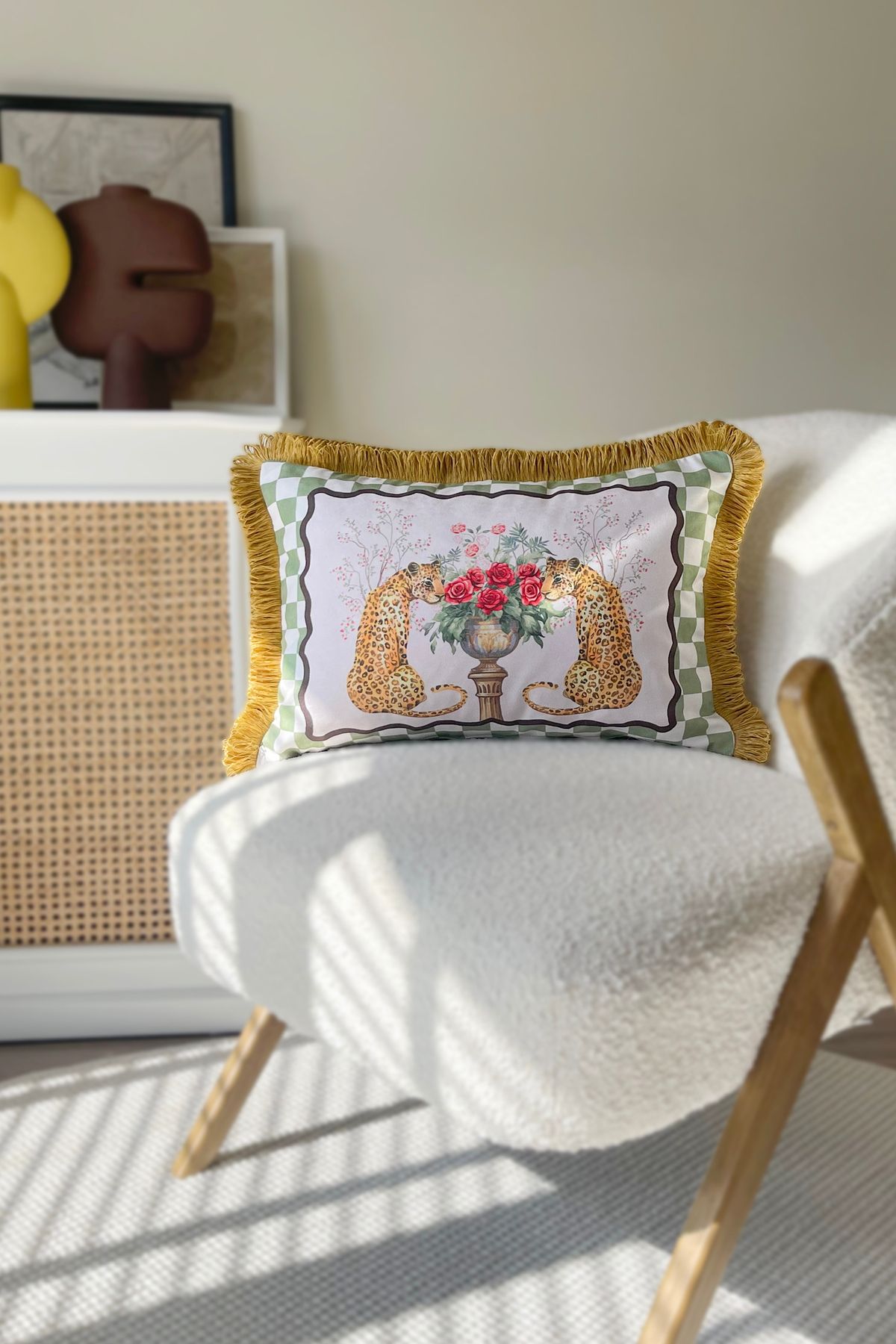 RİTMOHOME Leopar Desenli Püsküllü Vintage, Country, Iskandinav, Bohem 35x50 Dekoratif Yastık(İÇİ DOLGULU)