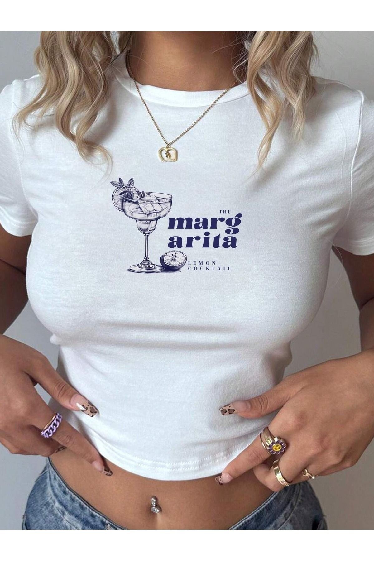 PALPİTO Kadın Beyaz Lemon Coktail Baskılı Bisiklet Yaka Dar Crop Tshirt