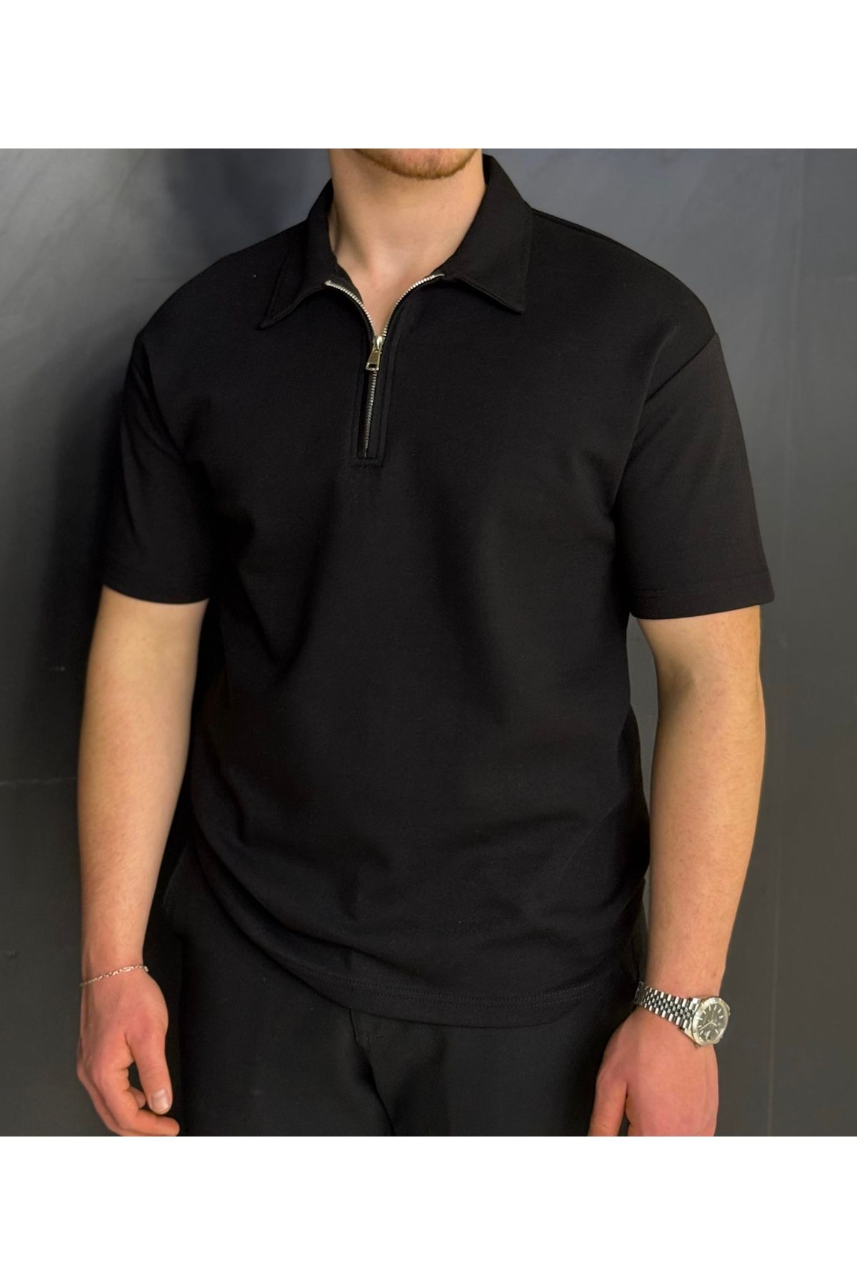 Alpha star Doubleface yarım fermuarlı polo yaka oversize t-shirt