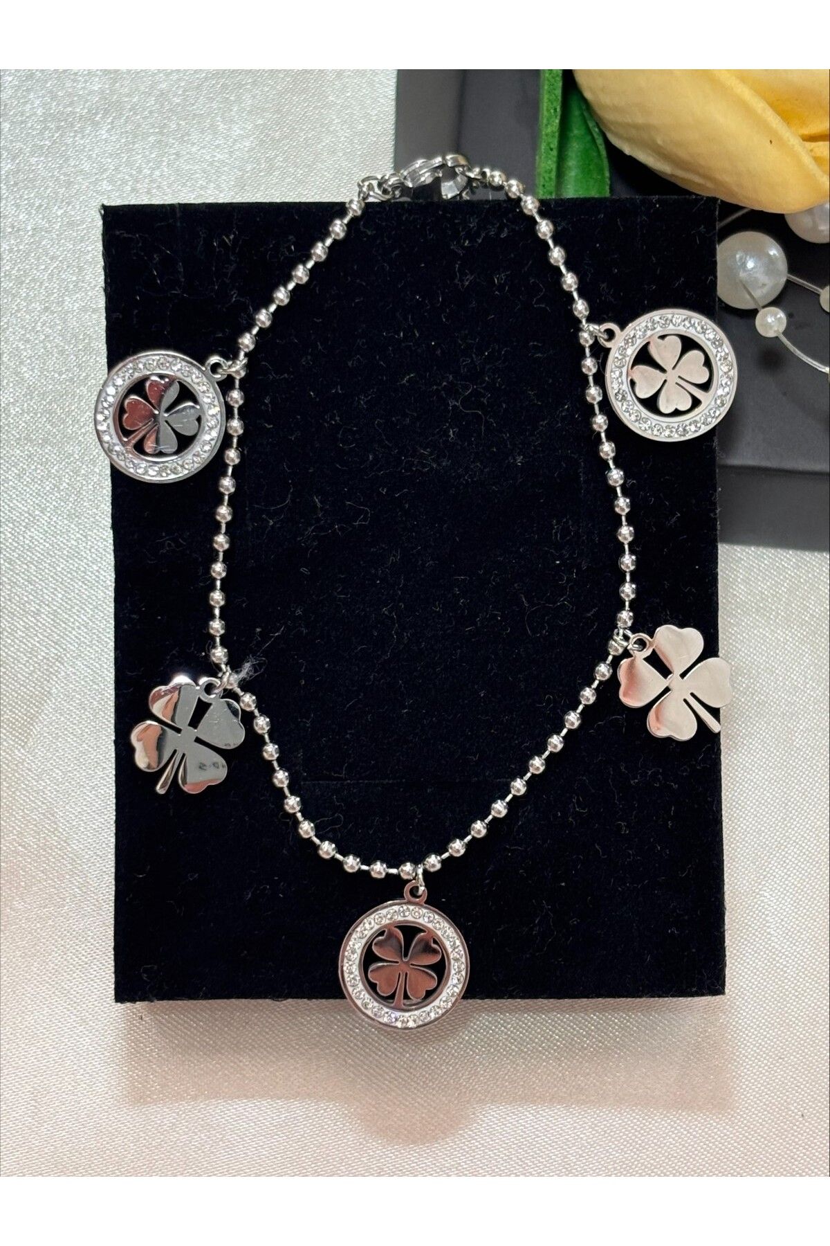 İZMİR.ACCESSORİZE TAKI & BİJUTERİ & AKSESUAR SİLVER ZİRKON TAŞ DETAYLI YONCA ''ŞANS'' ZİNCİR ÇELİK ŞIK BİLEKLİK